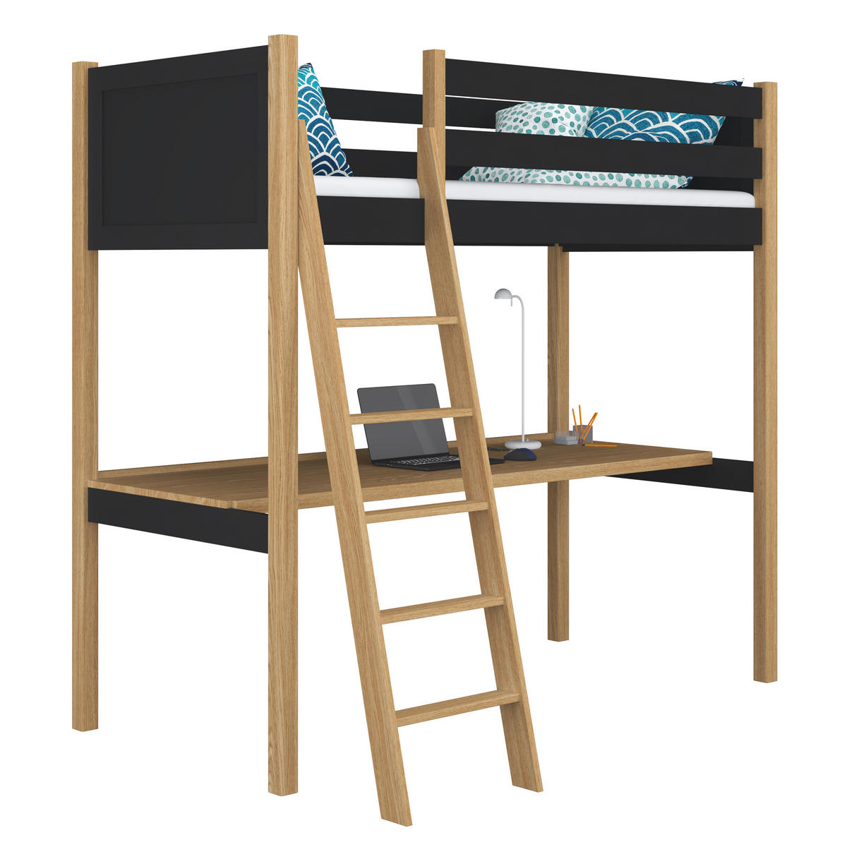 HOCHBETT N04 mit Schreibtisch Schwarz / Eiche Natur 120/190 - Schwarz/Eiche Artisan, Naturmaterialien/Holz (120/190cm) - N-Wood
