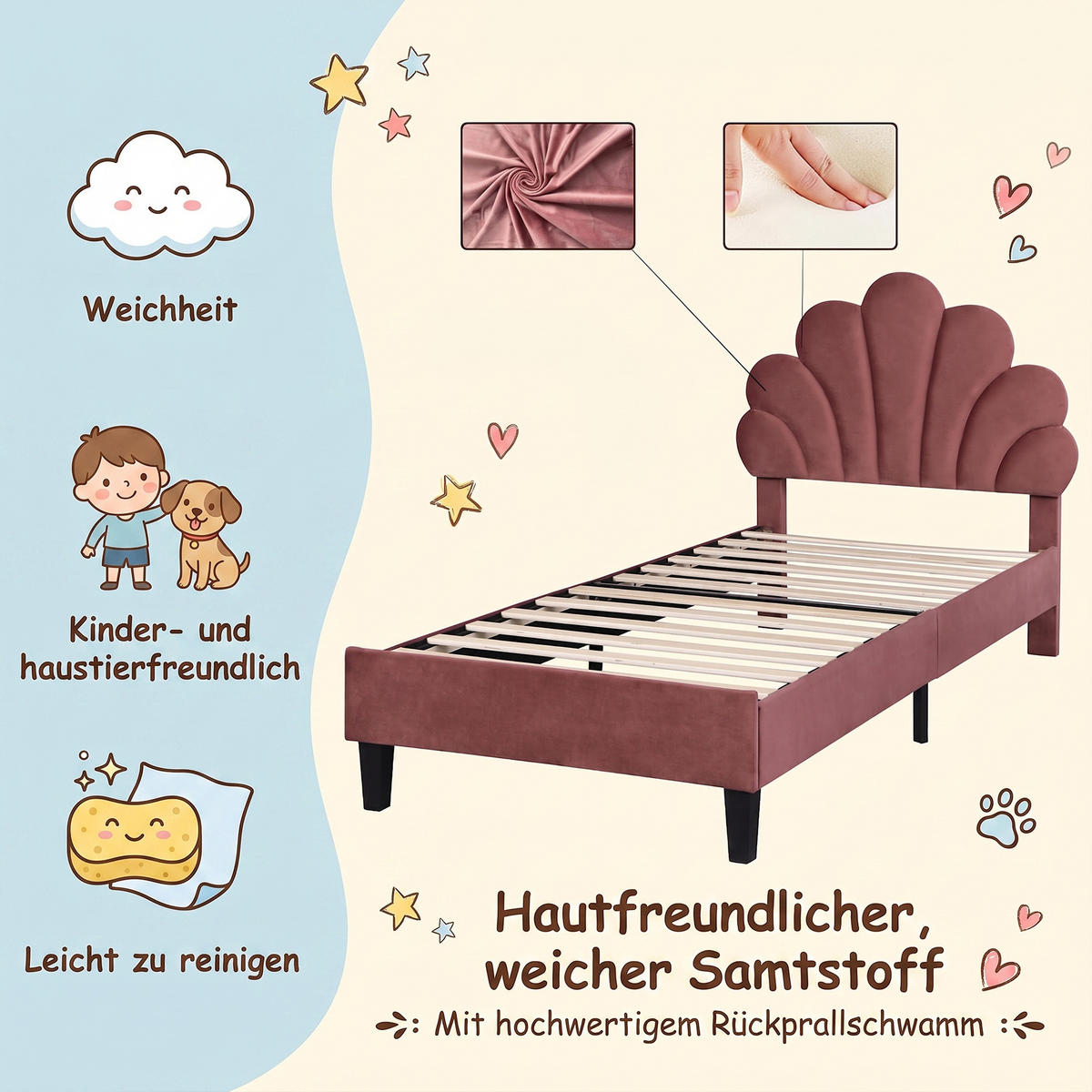 KINDERBETT 90x200 mit Lattenrost, Blütenblatt-Kopfteil, höhenverstellbar, Weinrot - Weinrot, Holz/Textil (90/200cm) - GENKI LIVING