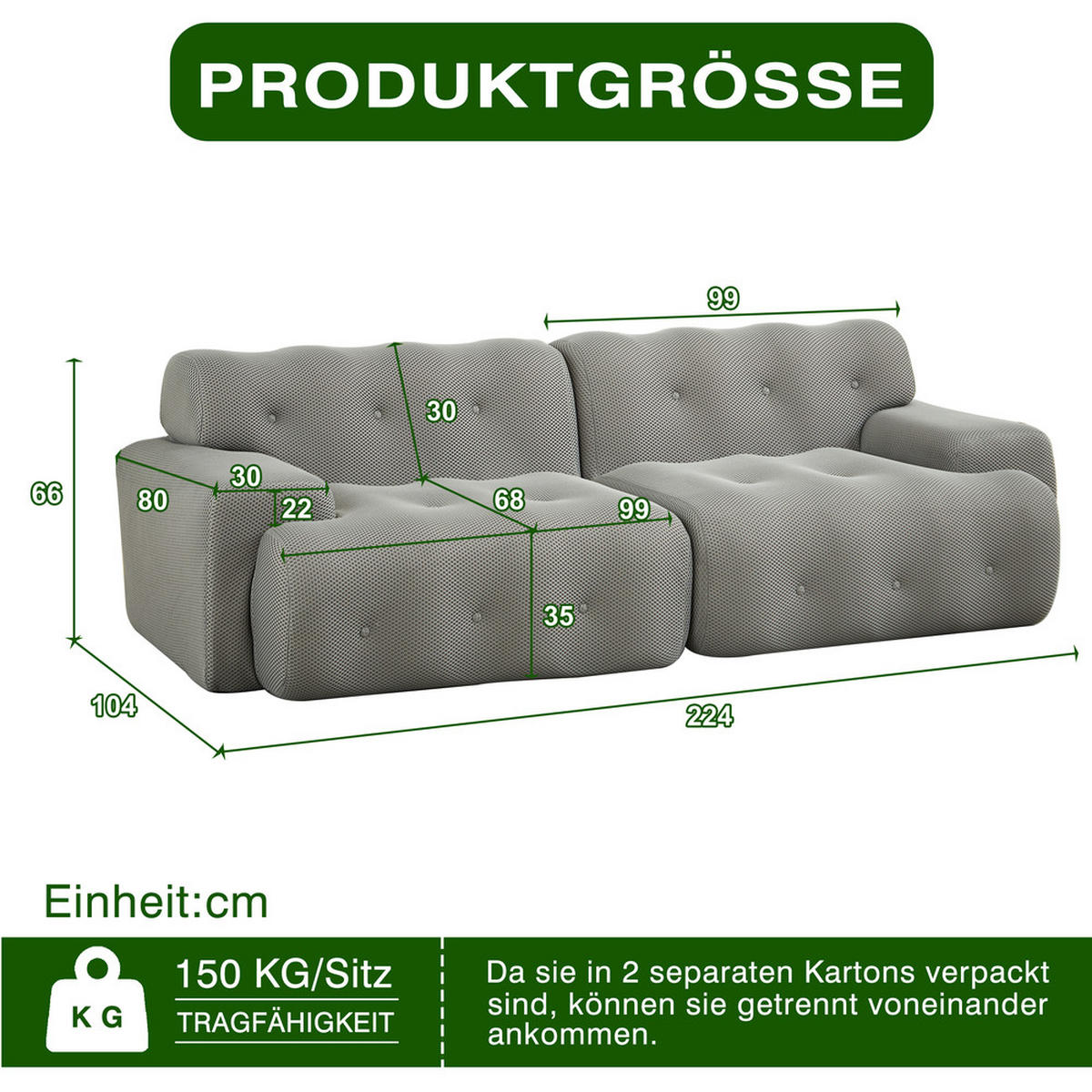 2-SITZER-SOFA Geschwungen 224cm Grau - Grau, Textil (104/66/224cm) - Raelunyi