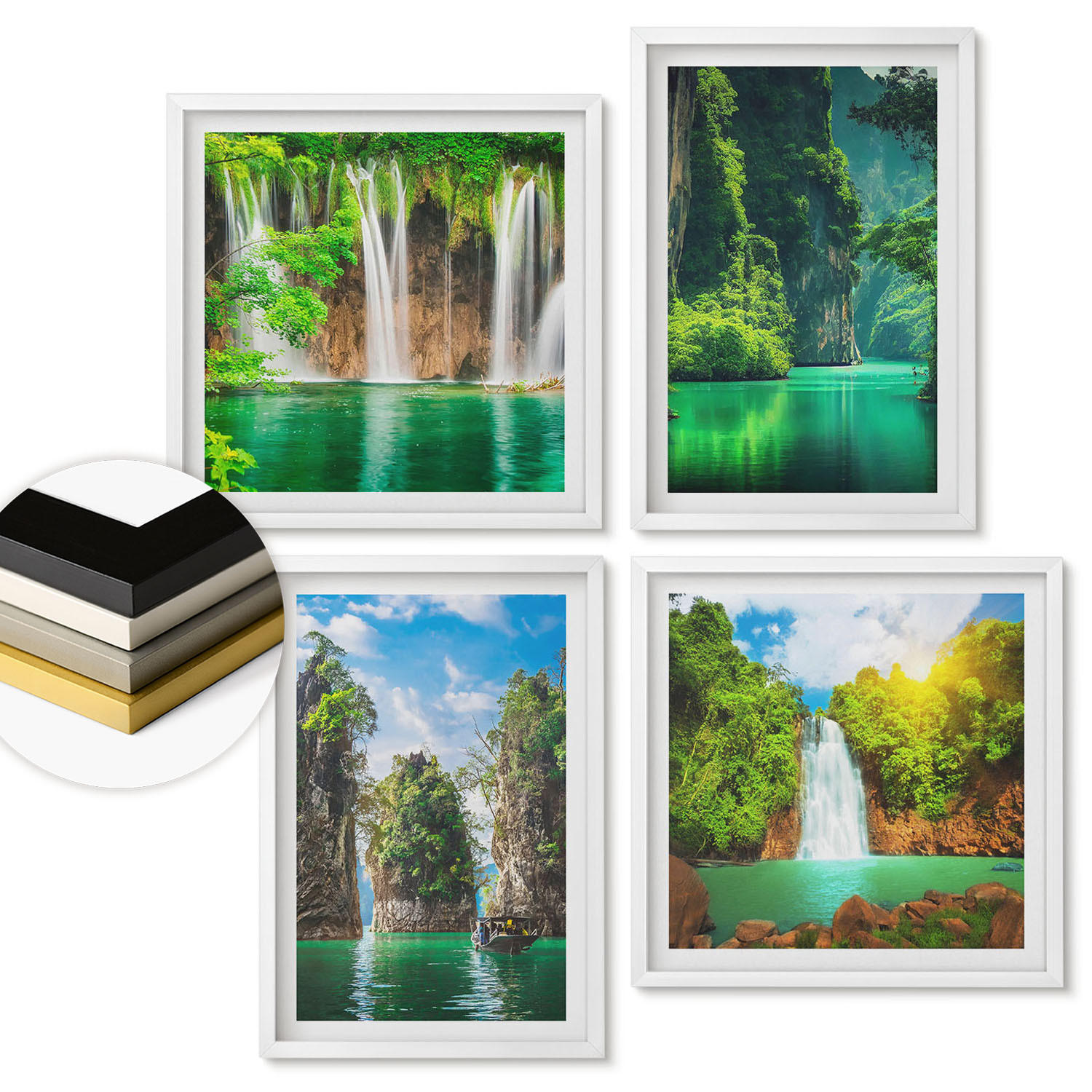 WANDBILDER 4er-Set - 50x50 cm & 40x60 cm Weißer Rahmen - Grüne Landschaften, Wasserfälle - Weiß, Kunststoff (50/50cm) - ArtPrintCave