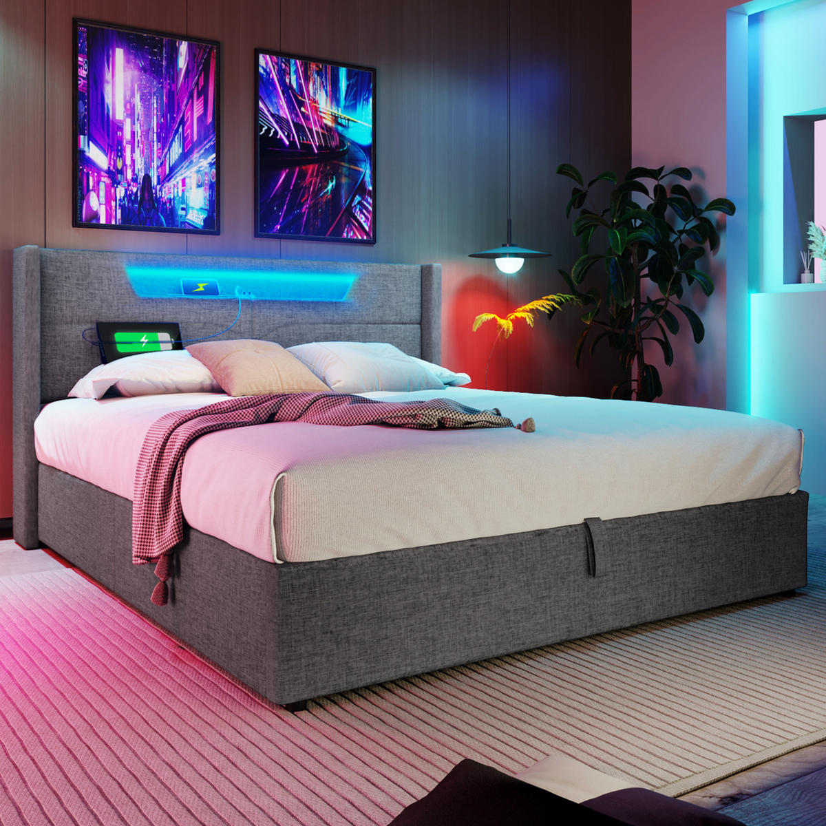 POLSTERBETT mit LED und USB/Type-C 140x200 cm Leinen Grau - Grau, Metall (140/200cm) - Meubliv