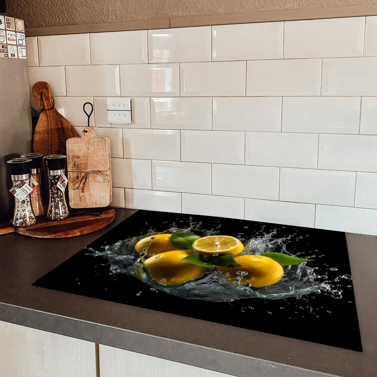 HERDABDECKPLATTE Zitrone - Obst - Gelb - Schwarz Herdabdeckung Induktionsfeld 70x52 cm - Gelb, Kunststoff (70/52/0.2cm) - MuchoWow