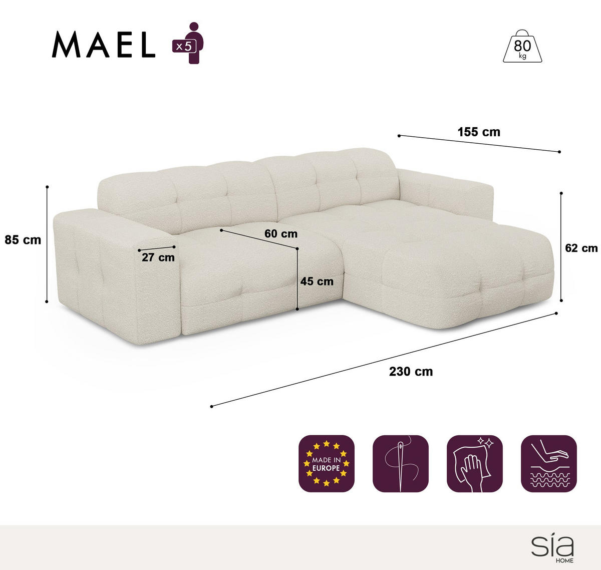 ECKSOFA RECHTS Bouclé-Stoff Dunkles Anthrazit 230cm - Anthrazit, Textil (230/155cm) - Sia Home
