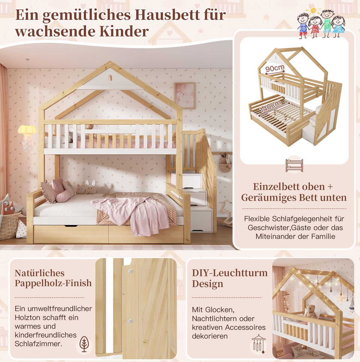 ETAGENBETT 90x200 & 140x200 cm in Weiß/Eiche mit Stauraumtreppe und Schubladen - Weiß, Holz (140/200cm) - IVMEU