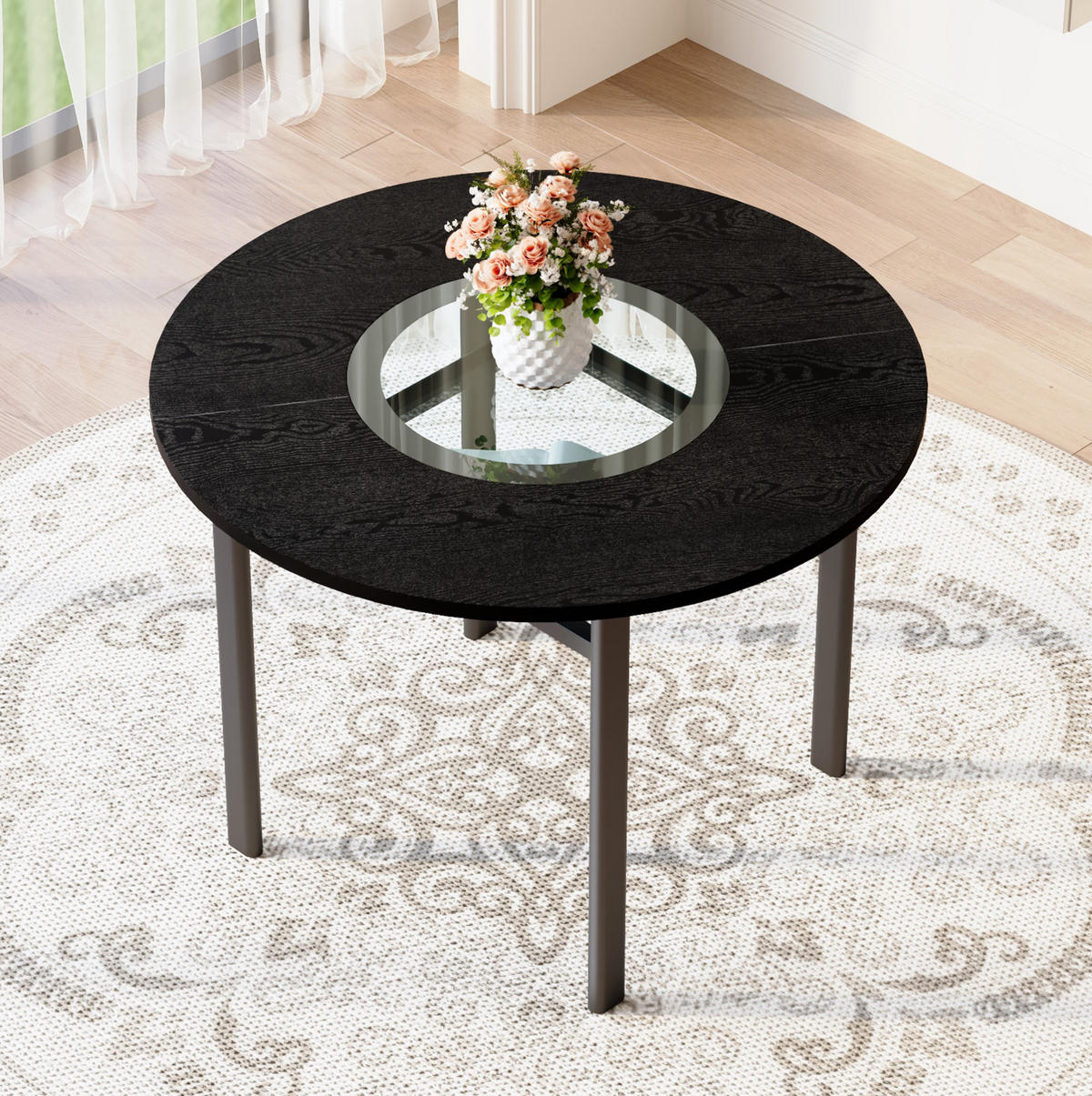 ESSTISCH aus MDF, Glas und Metall 100x100x76 cm Schwarz mit Glasablage und grauer Glaseinlage - Schwarz, Holzwerkstoff (100/100/76cm) - Modfu