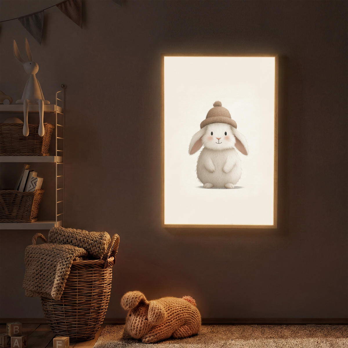 NÁSTĚNNÁ LAMPA S AKUMULÁTOREM Králík - Klobouk - Uši - béžový 70x100 cm - krémová, kompozitní dřevo (70/100/8cm) - OnlyWow