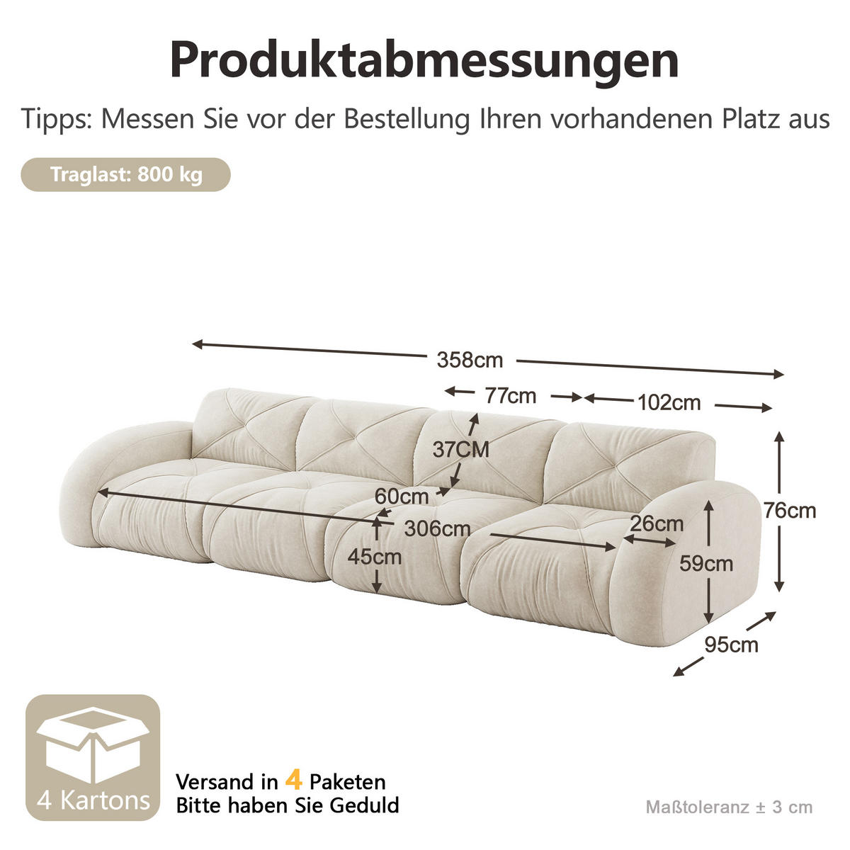 4-SITZER-SOFA DE-34276 modular Beige - Beige, Textil (95/76/358cm) - ComfortXL
