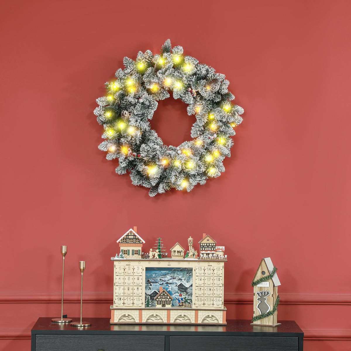 TANNENKRANZ Weihnachtskranz Türkranz Künstlicher Tannenkranz mit Lichterkette - Grün, Kunststoff/Metall (10cm) - HOMCOM