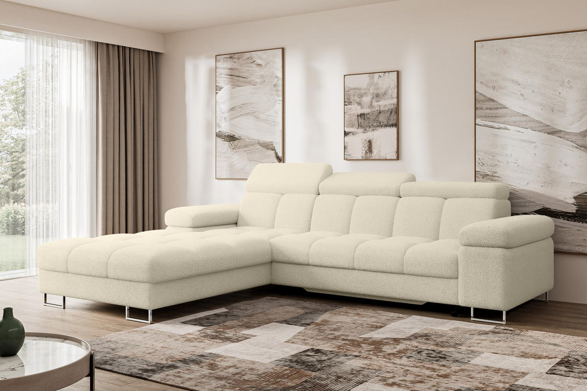 ECKSOFA mit Schlaffunktion Ottomane Links COMA L 271x203x79 Beige Bouclé - Sandfarben, Holzwerkstoff/Textil (271/203cm) - ALTDECOR