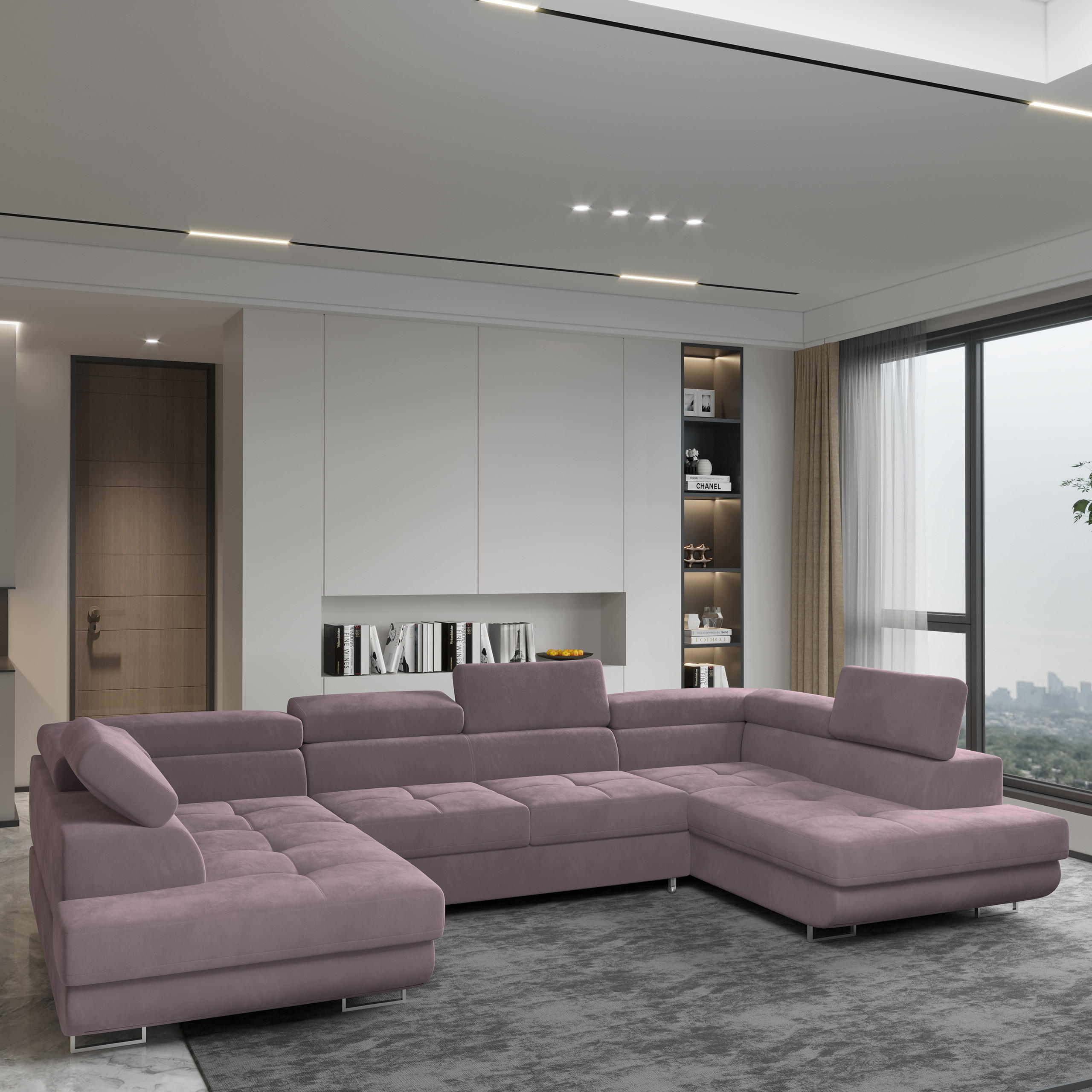 WOHNLANDSCHAFT RAGGIO Lila Velours-Stoff mit Schlaffunktion - Lila, Holz (336/90/202cm) - MASSENO