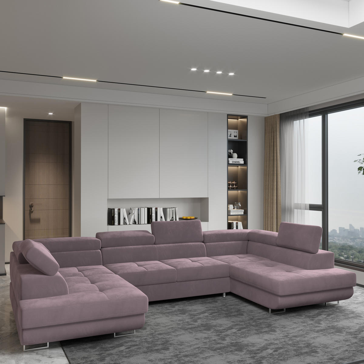 WOHNLANDSCHAFT RAGGIO Lila Velours-Stoff mit Schlaffunktion - Lila, Holz (336/90/202cm) - MASSENO