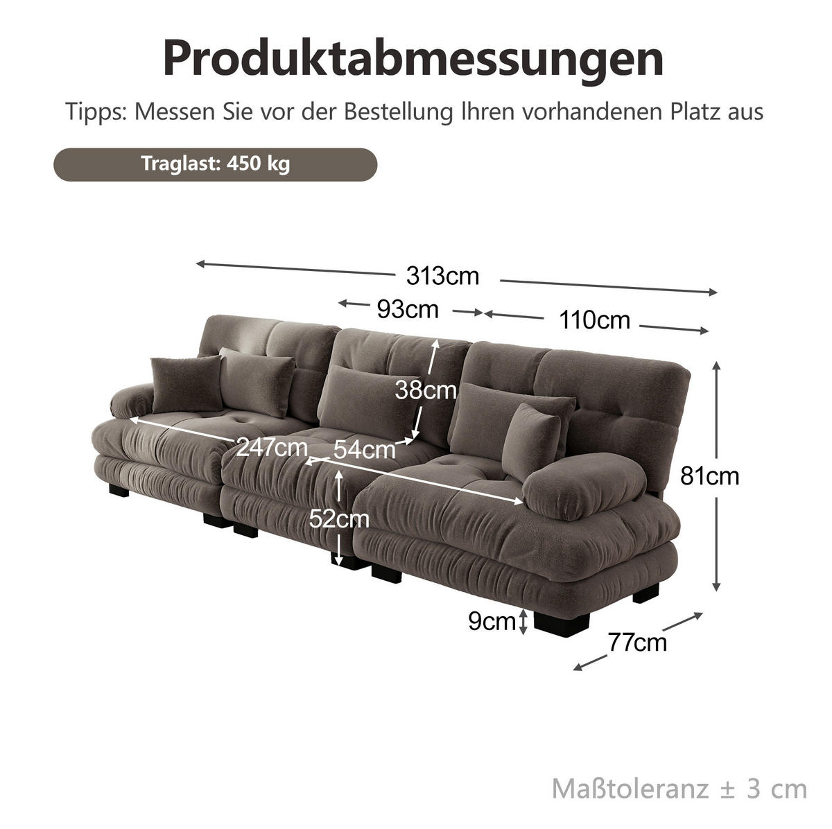 MODULARES 3-Sitzer-Ecksofa aus Chenille Braun 313x77x81 cm mit tiefem Sitz - Braun, Textil (77/313cm) - IVMEU