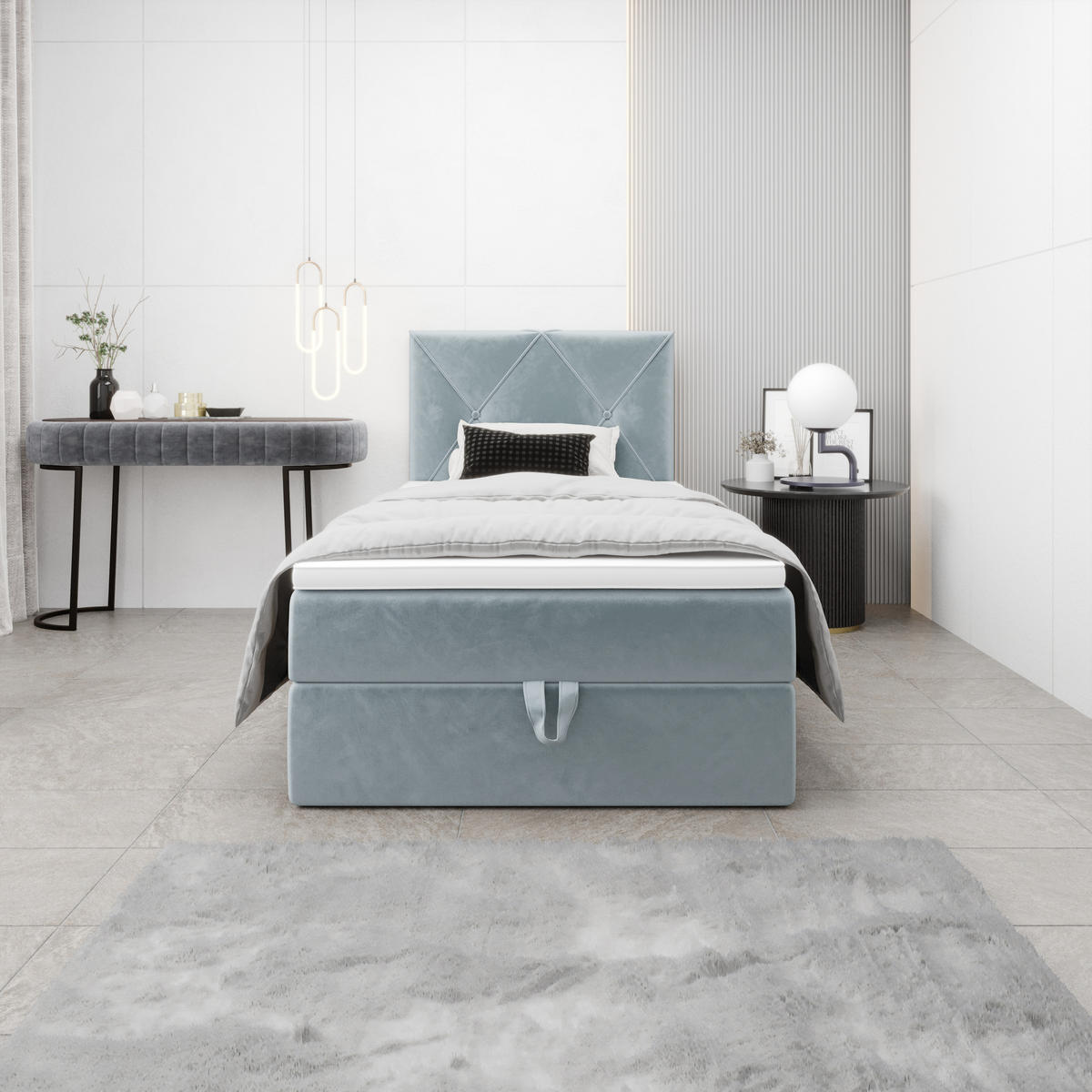 BOXBETT ALTEA 90x200 Monolith 72, mit Matratze H3, Bonell und Topper, Blau - Blau, Holz/Kunststoff (90/200cm) - Bedante