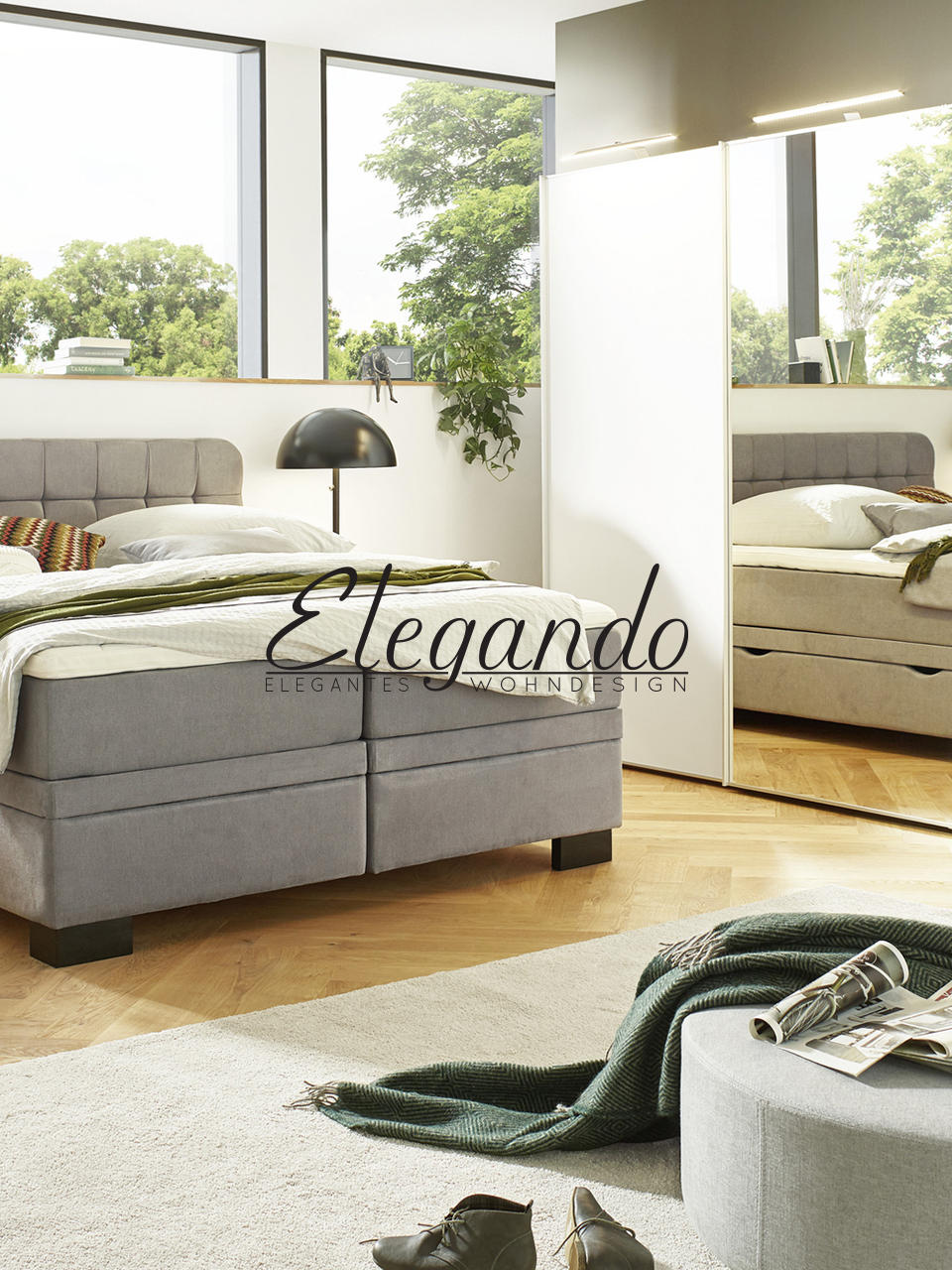Boxspringbett Webstoff inkl. Matratze, Bettkasten, Topper hellgrau von Elegando