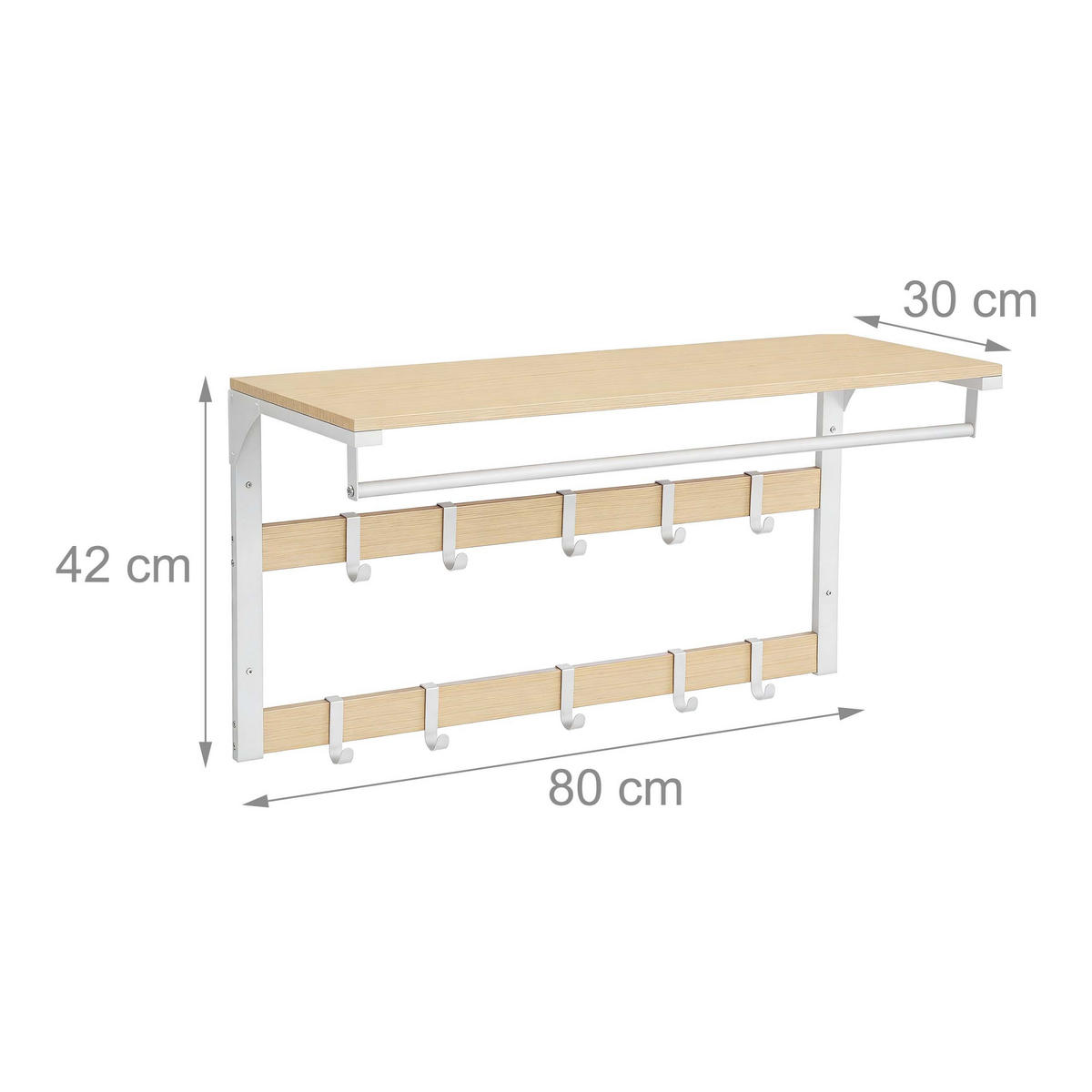WANDGARDEROBE Eiche Weiß 3-in-1 10 Haken 80 cm - Multicolor, Holzwerkstoff/Metall (80/42/30cm) - Relaxdays