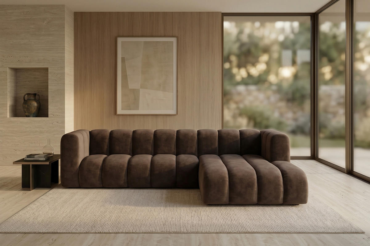 ECKSOFA Modulares In L-Form, Velvet-Stoff Riviera, Braun, Rechts, GRAND 287 cm - Braun, Holz (287/179cm) - Kaiser Möbel