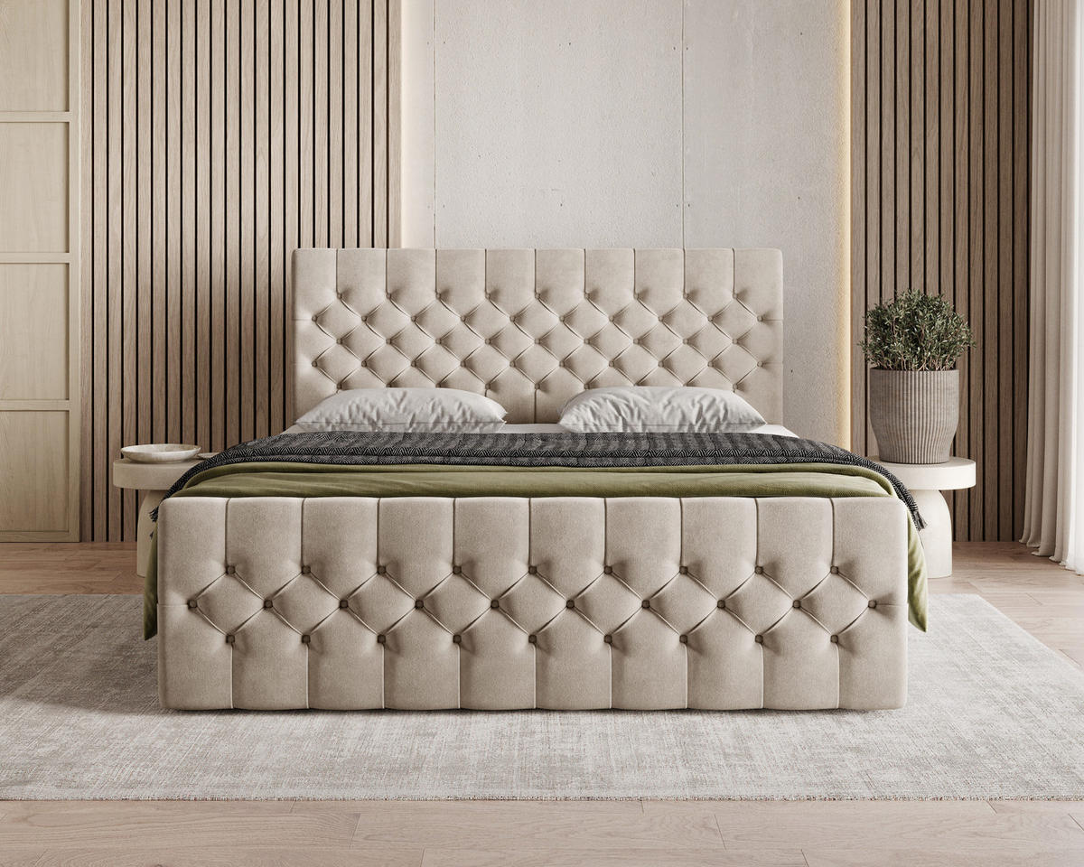 BOXBETT 12 140 x 200 cm - Manila - Modernes Polsterbett mit Bettkasten inkl. PU-Schaum-Topper und Federmechanismus - Beige, Holz (140/200cm) - ROYAL24_MARKT