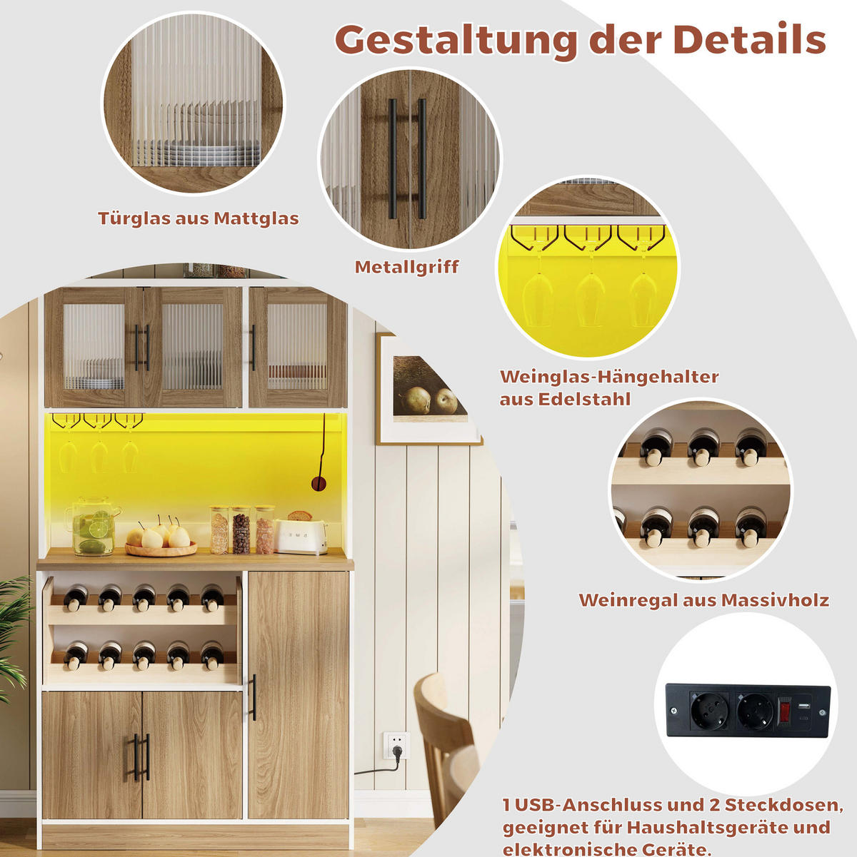 BUFFET aus MDF 100x40x180 cm Weiß/Natur mit LED-Beleuchtung, Steckdosenleiste und Weinregal - Weiß, Holzwerkstoff (100/180/40cm) - Modfu