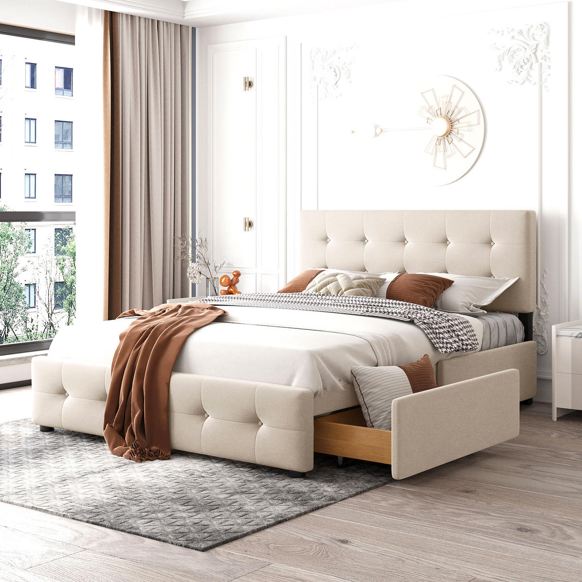 POLSTERBETT 140x200 Samt Lattenrost 2 Schubladen Beige - Beige, Holzwerkstoff - FLIEKS