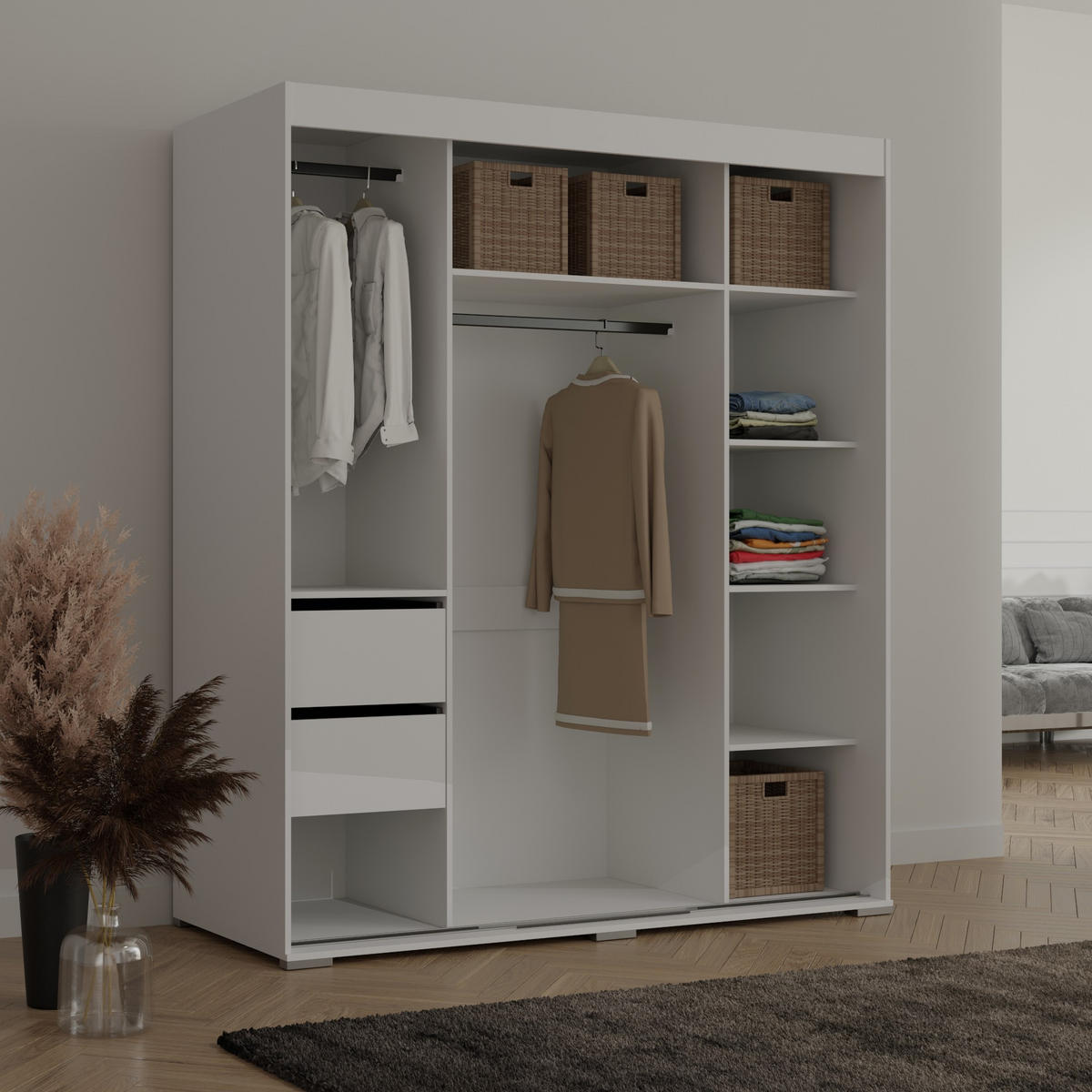 SCHIEBETÜRENSCHRANK mit Schubladen Como 3D 180 Weiß (lacobel) - Silberfarben/Weiß, Holzwerkstoff/Metall (180/208/67cm) - mzm24