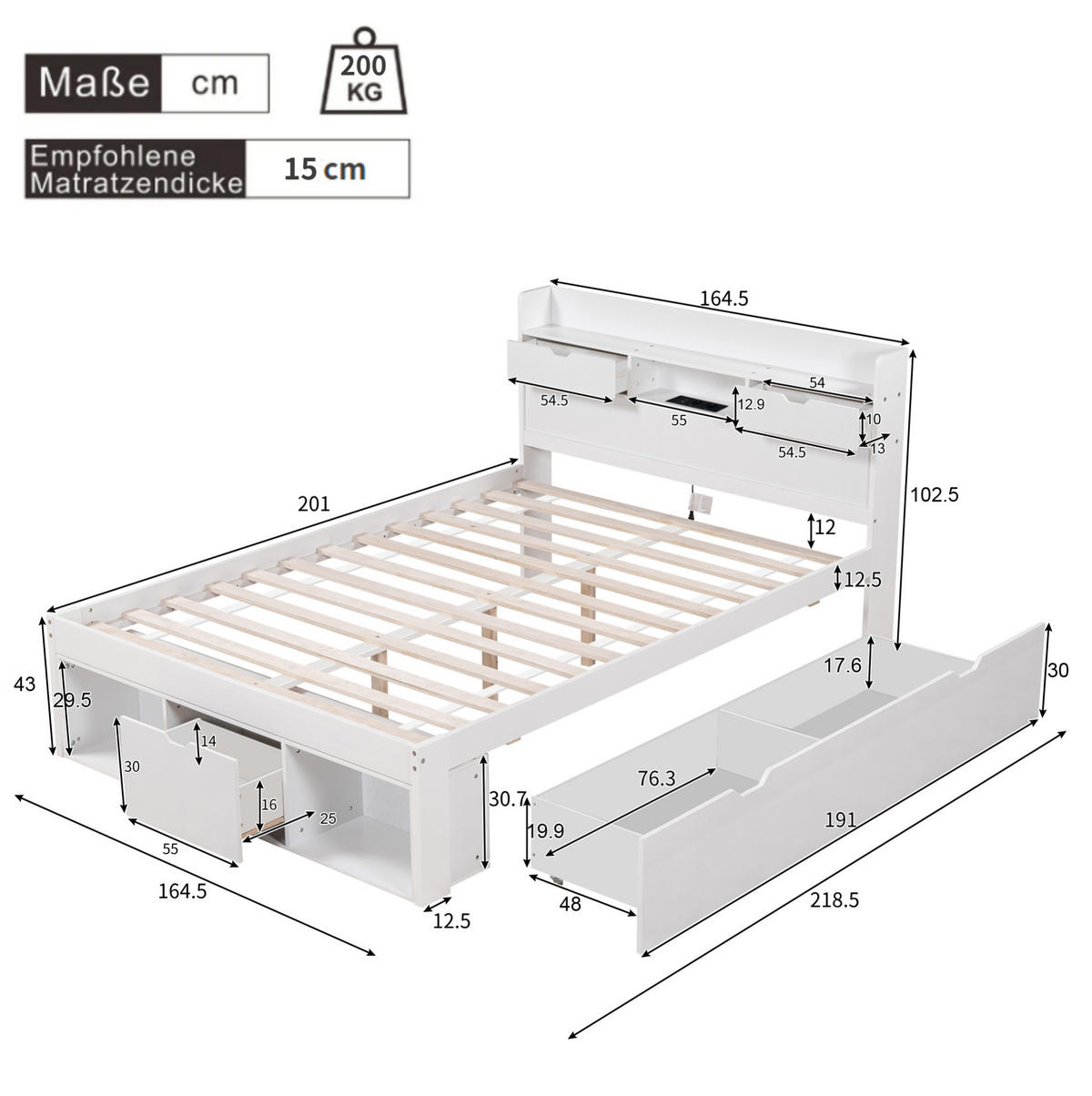 JUGENDBETT 160/200 cm mit USB-Anschluss, Typ-C und großem Stauraum aus Kiefernholz, Weiß - Weiß, Holzwerkstoff (160/200cm) - Redom