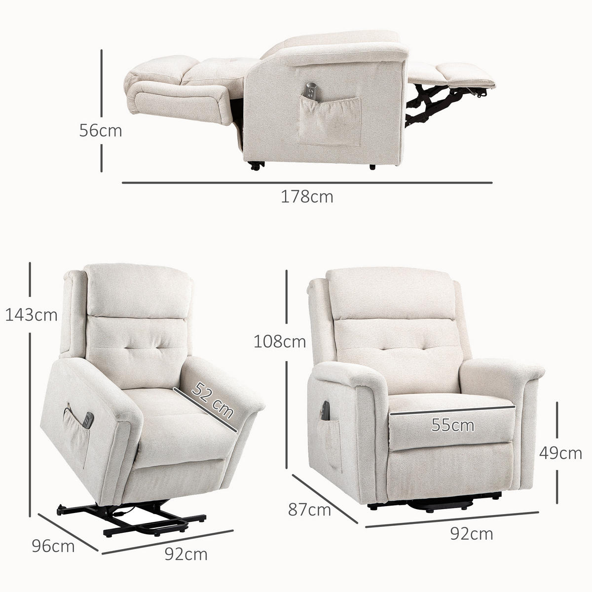 FERNSEHSESSEL mit Aufstehhilfe, Cremeweiß - Creme, Kunststoff (87/108/92cm) - HOMCOM