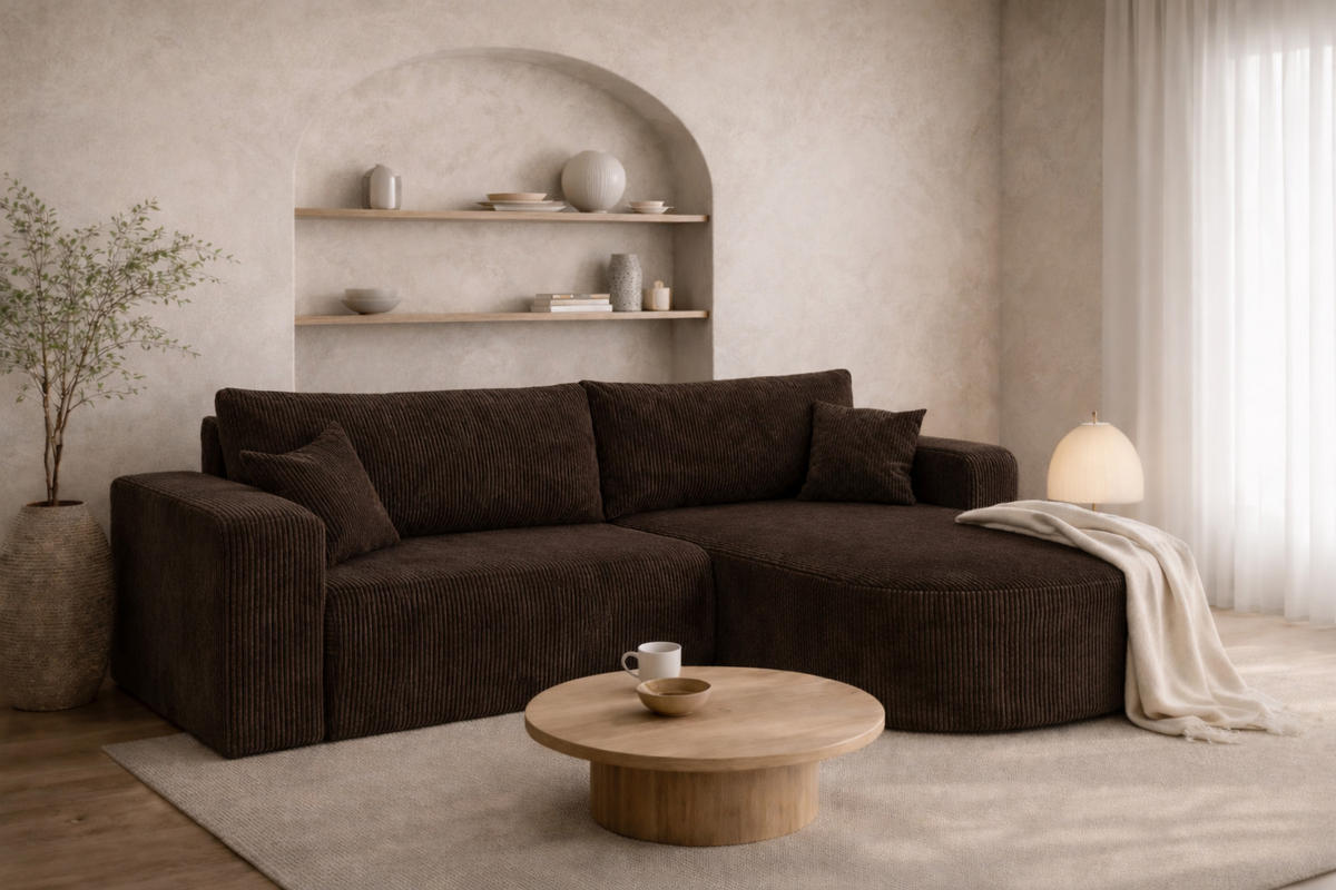 ECKSOFA Mit Schlaffunktion, Cordstoff Poso, Braun, Rechts, ROUND ONE - Braun, Holz (244/175cm) - Kaiser Möbel