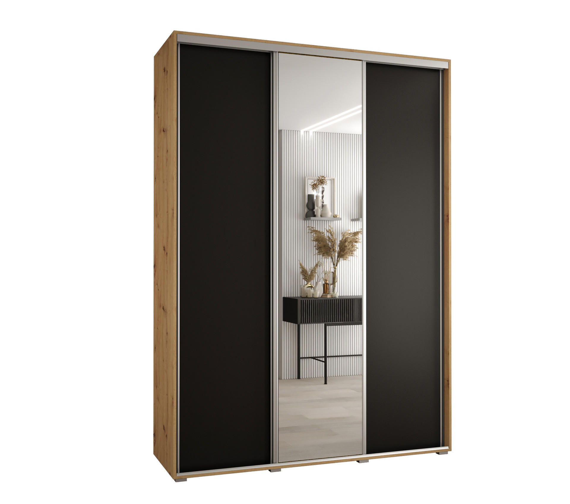 Abiks Möbel Schwebetürenschrank Eiche Artisan, Schwarz, Silber 170x235x45 cm