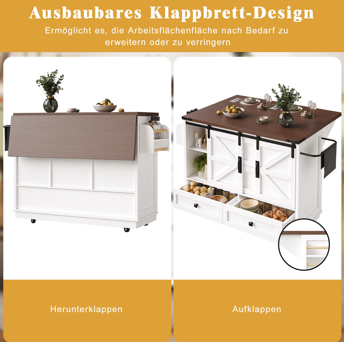 KÜCHENINSEL 142,5/45/92,5 cm aus MDF mit klappbarer Arbeitsplatte Weiß - Weiß, Holzwerkstoff (142.5/92.5/45cm) - Modenvie