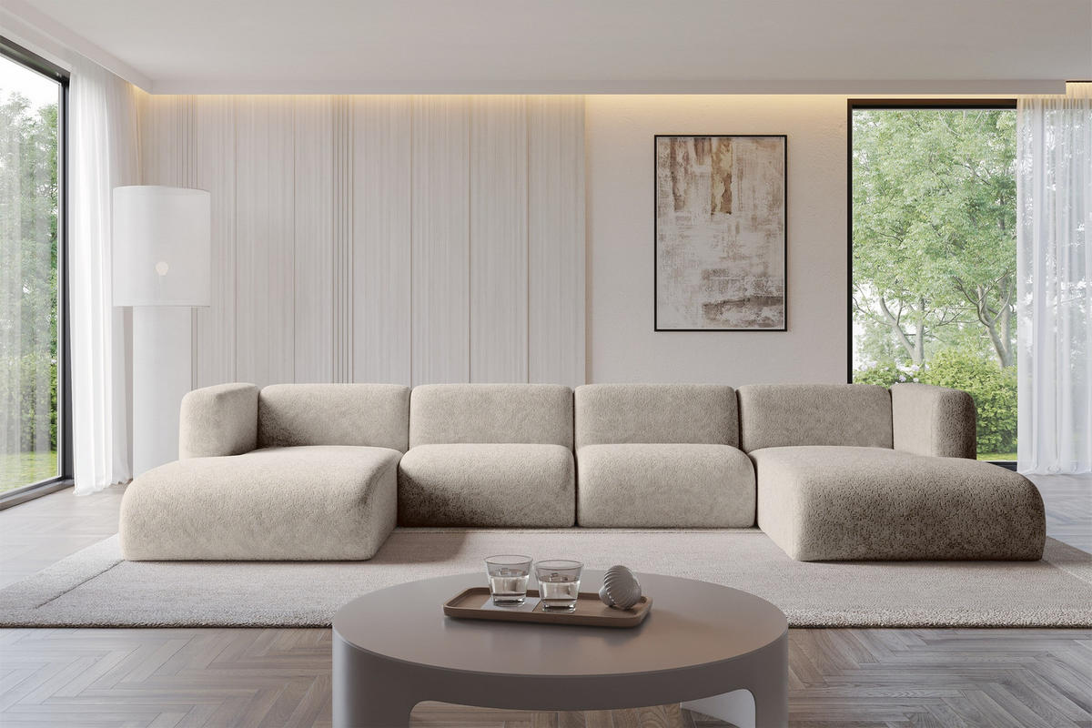 WOHNLANDSCHAFT MIRA-U2 408x179x70 Beige Velours - Beige/Schwarz, Holzwerkstoff/Kunststoff (408/70/179cm) - ALTDECOR