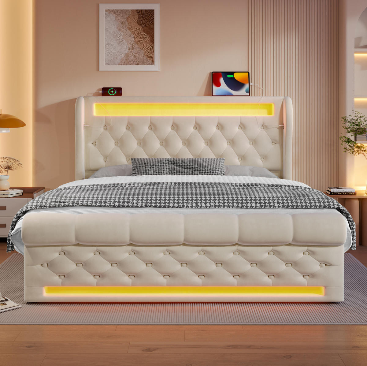 POLSTERBETT 140/200 cm Beige mit LED-Beleuchtung und Stauraum-Kopfteil - Beige, Textil (140/200cm) - OKWISH