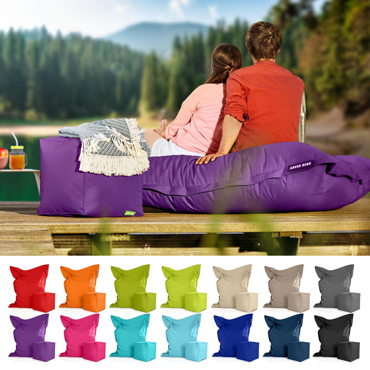 XXL-SITZSACK + Pouf 2er Set - 140x180cm - Lila, Textil (140/25/180cm) - Green Bean