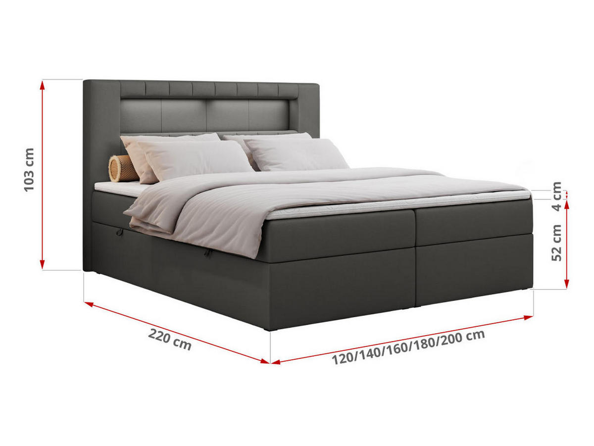 BOXBETT GOLD-5 LED 200/200 Dunkelgrau Kunstleder - H3 - Dunkelgrau, Holz/Textil (200/200cm) - MKS