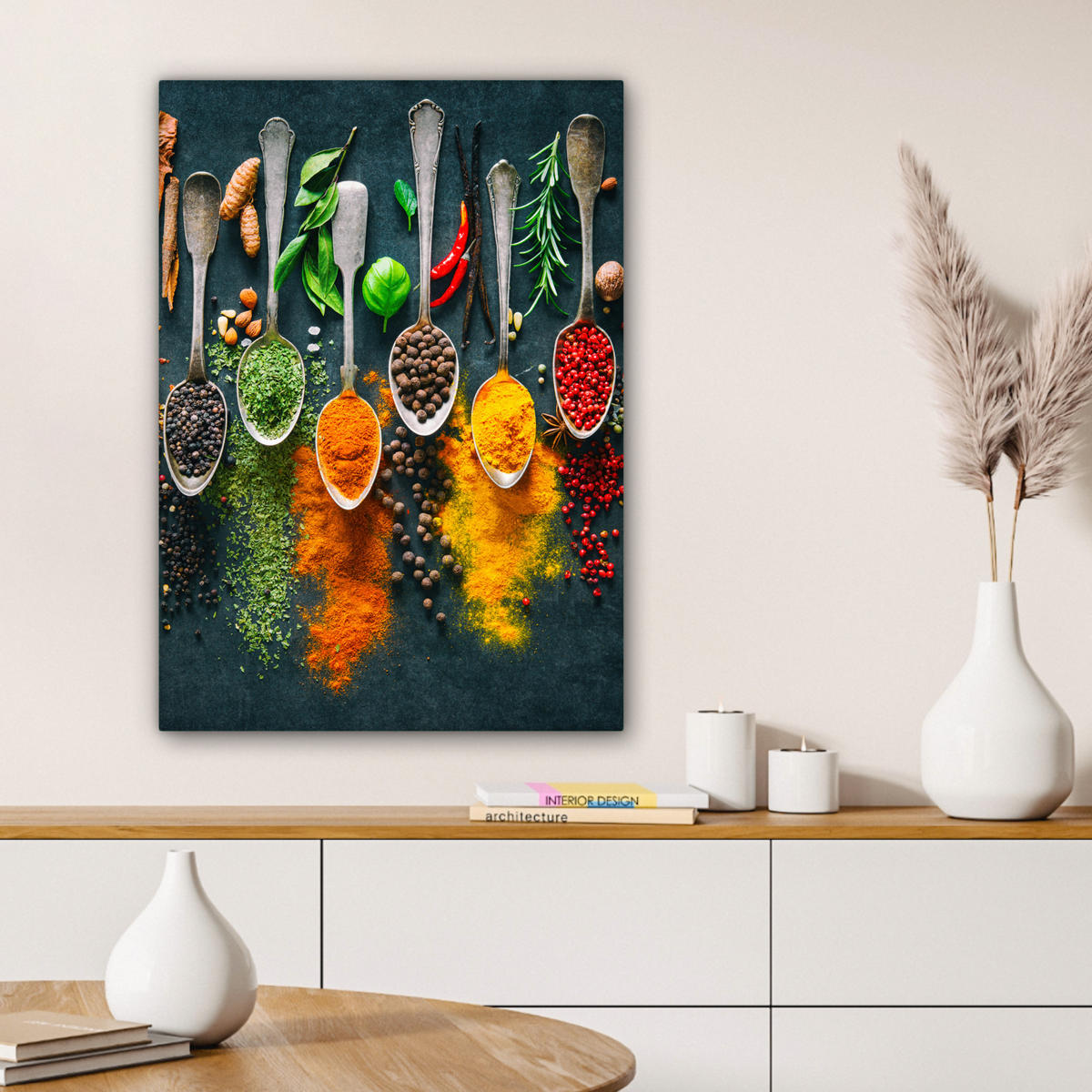 LEINWANDBILD Kräuter - Gewürze - Löffel Wandbild Wohnzimmer 60x80 cm - Currygelb, Textil (60/80cm) - MuchoWow