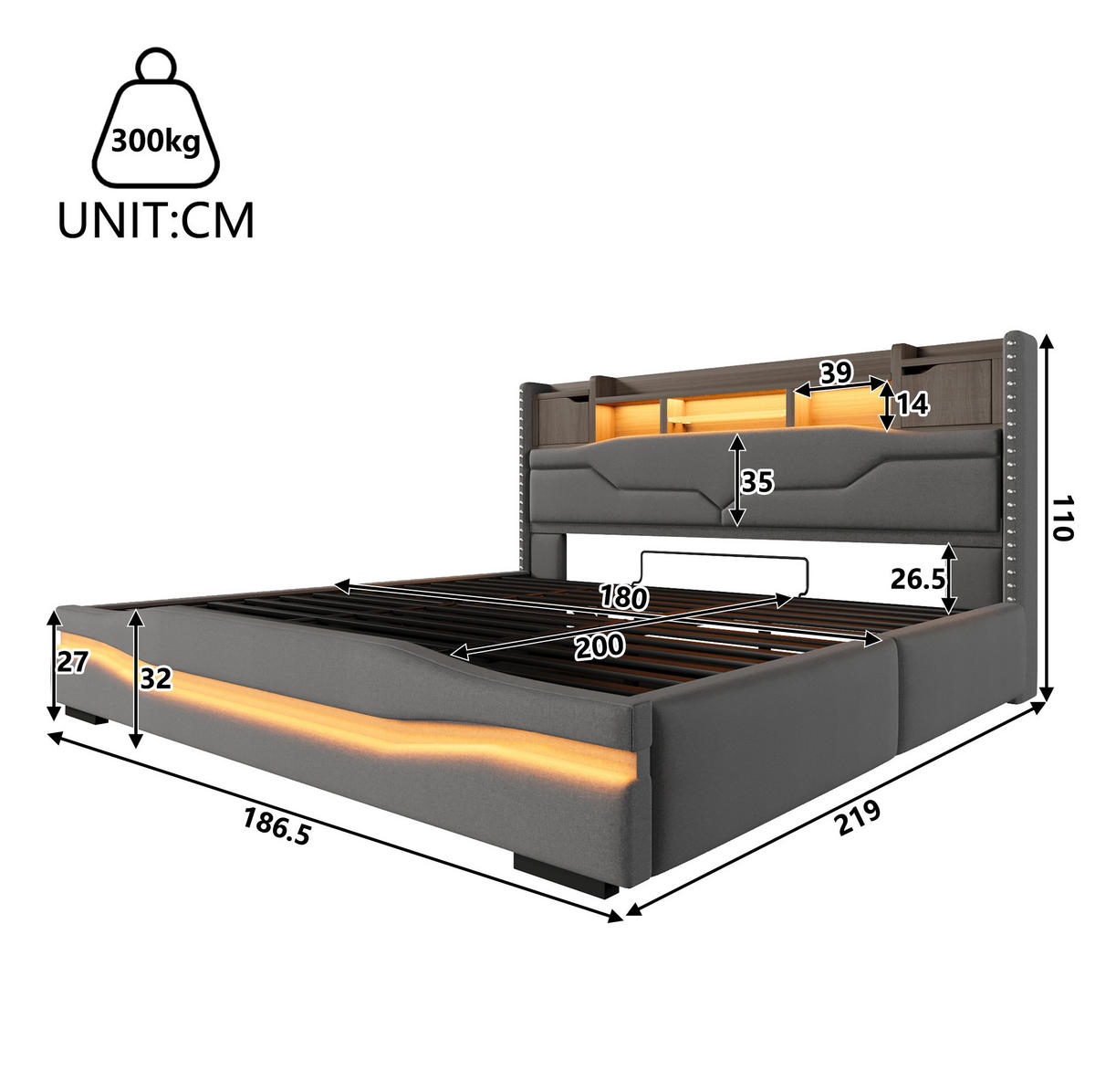 ČALOUNĚNÁ postel 180/200 cm šedá z lnu a MDF s USB-C, zásuvkou, LED a úložným prostorem - šedá, textil (180/200cm) - OKWISH
