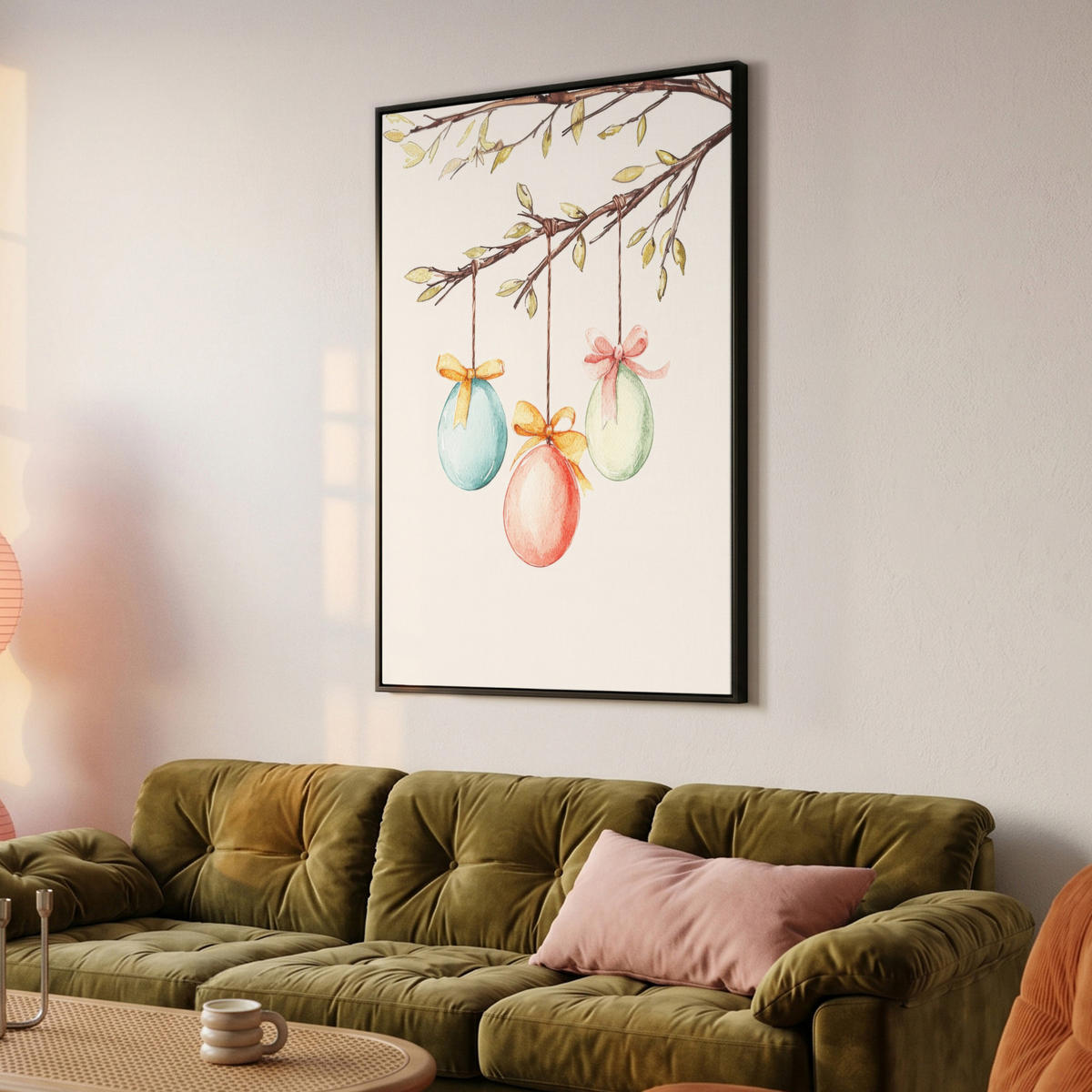 LEINWAND Bilder mit Rahmen - Osterkuchen - Schleife - Eier - 80x120 - Creme, Textil (80/120cm) - MuchoWow