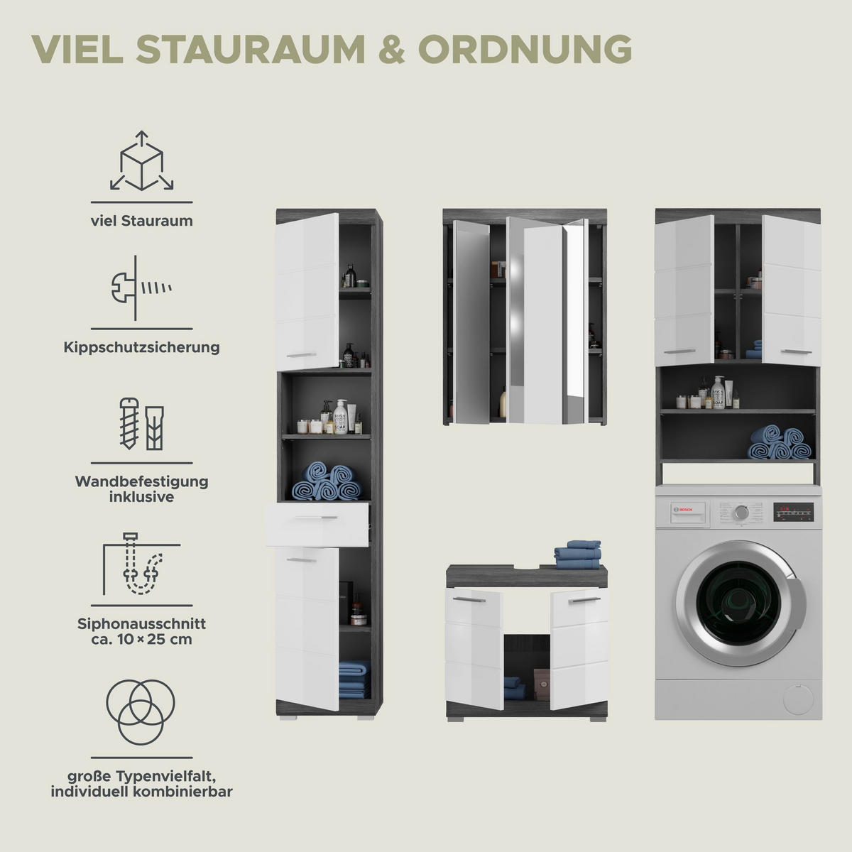 BADKOMBINATION 4tlg. Scout Bad in Rauchsilber Nachbildung und weiß hochglanz B/H/T: 190x191x34 cm - Anthrazit, Holz (190/191/34cm)