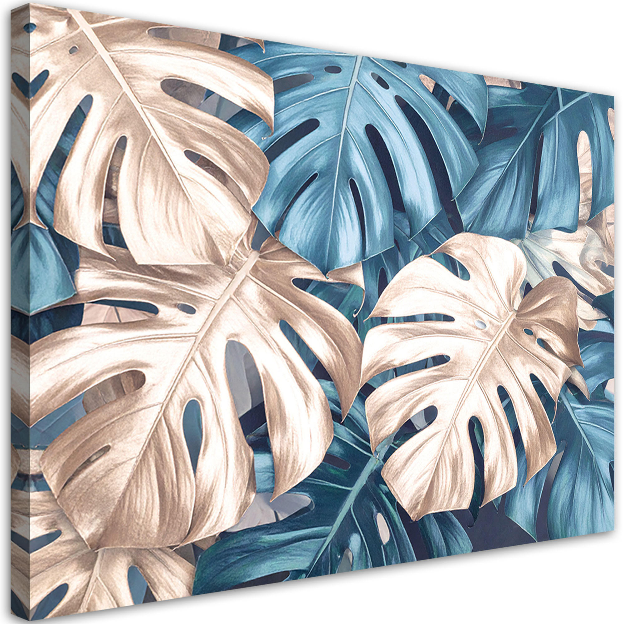 WANDBILD, Tropische Monstera-Blätter Natur Pflanzen - Blau, Textil (120/80cm) - Feeby