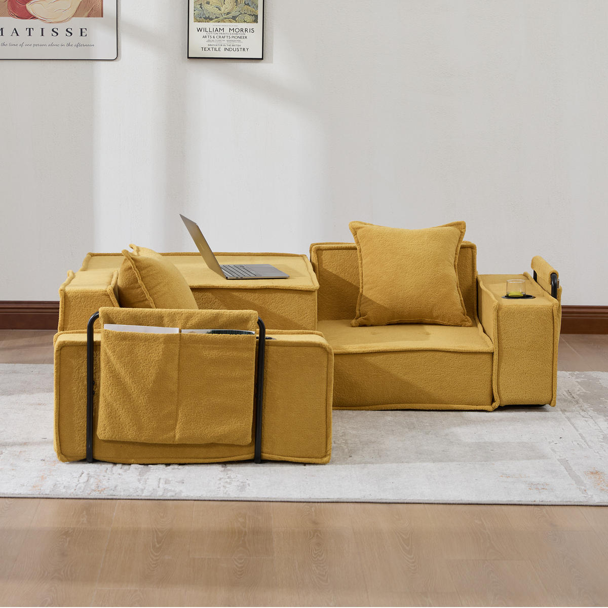 SCHLAFSOFA 162/78/66 cm Senfgelb Chenille mit seitlichem Stauraum und Getränkehaltern - Currygelb, Textil (162/66/78cm) - Oxeza