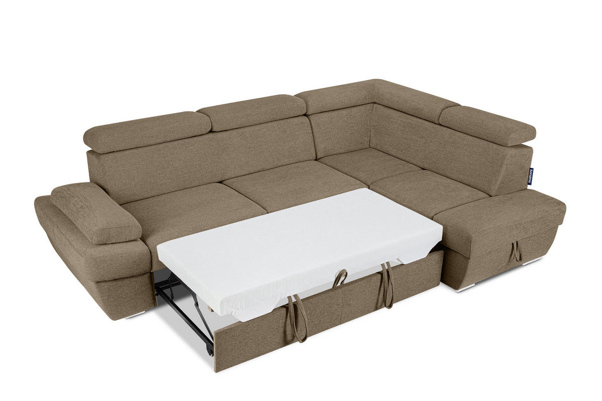 SCHLAFECKSOFA RATLO rechts 4/5-Sitzer mit Bettkasten in Lederoptik, braun - Hellbraun/Silberfarben, Textil (270/190cm) - KONSIMO®