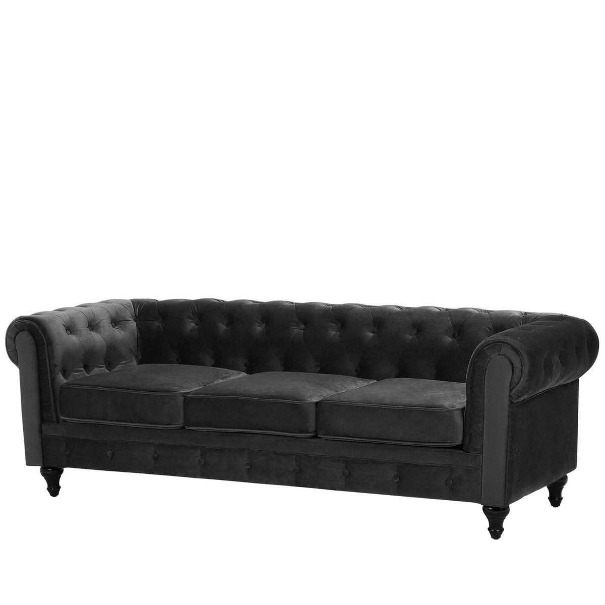 3-SITZER-SOFA Samtstoff Schwarz Chesterfield - Schwarz, Textil (201/70/75cm) - Beliani