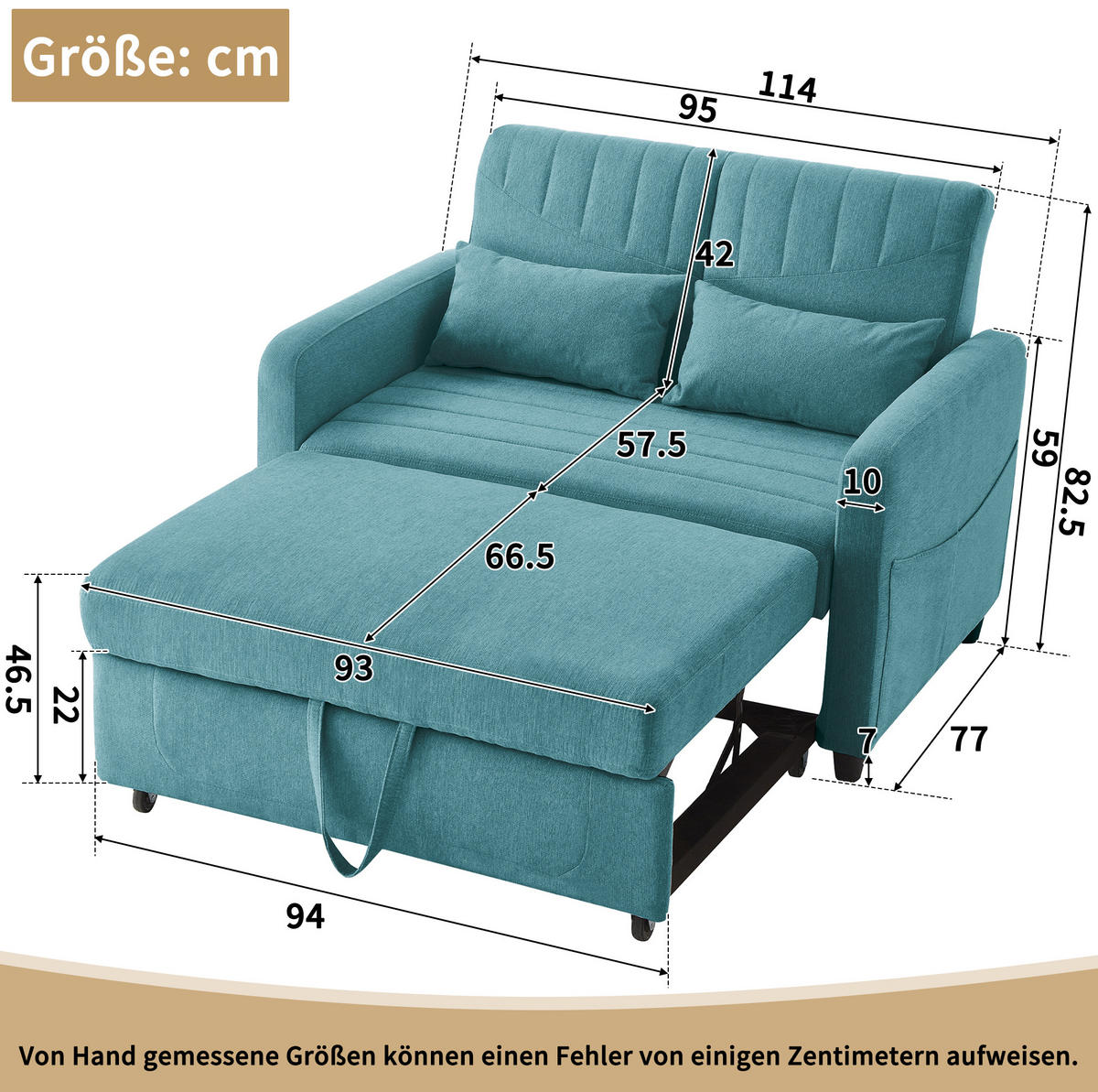 SCHLAFSOFA aus Baumwoll-Leinen-Stoff 166x95 cm Antik Blaugrün mit Ausziehfunktion, 3-fach verstellbarer Rückenlehne und 2 Kissen - Petrol, Kunststoff (114/82.5/77cm) - Modfu