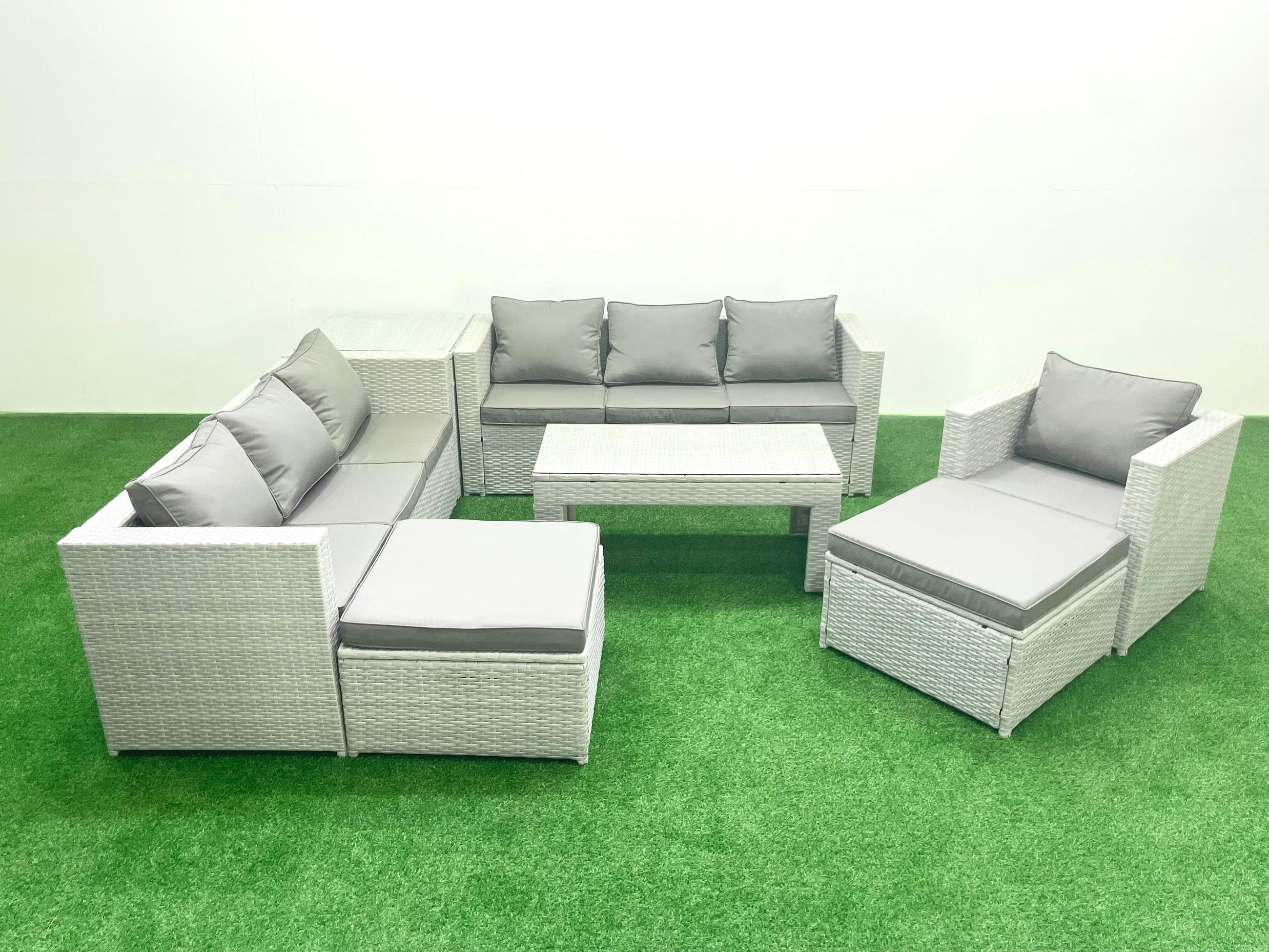 GARTENSOFA hohe Rückenlehne Polyrattan Hellgrau-Mix 9-Sitzer - Hellgrau/Grau, Glas/Kunststoff - Fimous