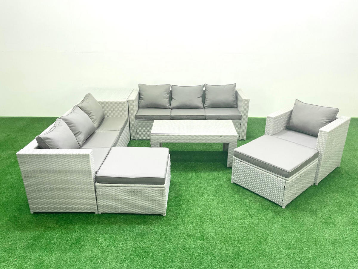 GARTENSOFA hohe Rückenlehne Polyrattan Hellgrau-Mix 9-Sitzer - Hellgrau/Grau, Glas/Kunststoff - Fimous