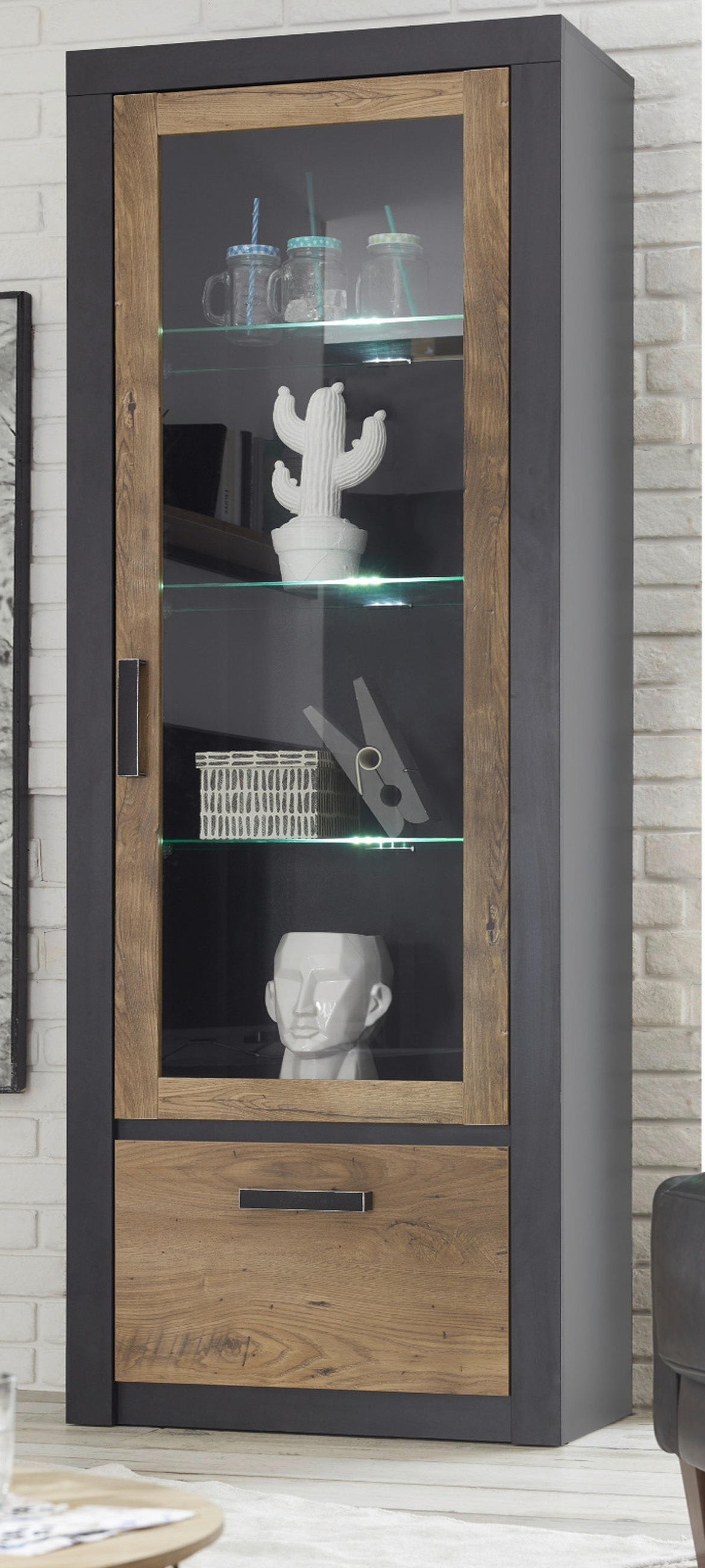 VITRINE Kastanie grau Fresco, Vitrinenschrank, 67 x 200 cm - Kastanienfarben/Dunkelgrau, Glas/Holzwerkstoff (67/200/35cm) - Furn.Design