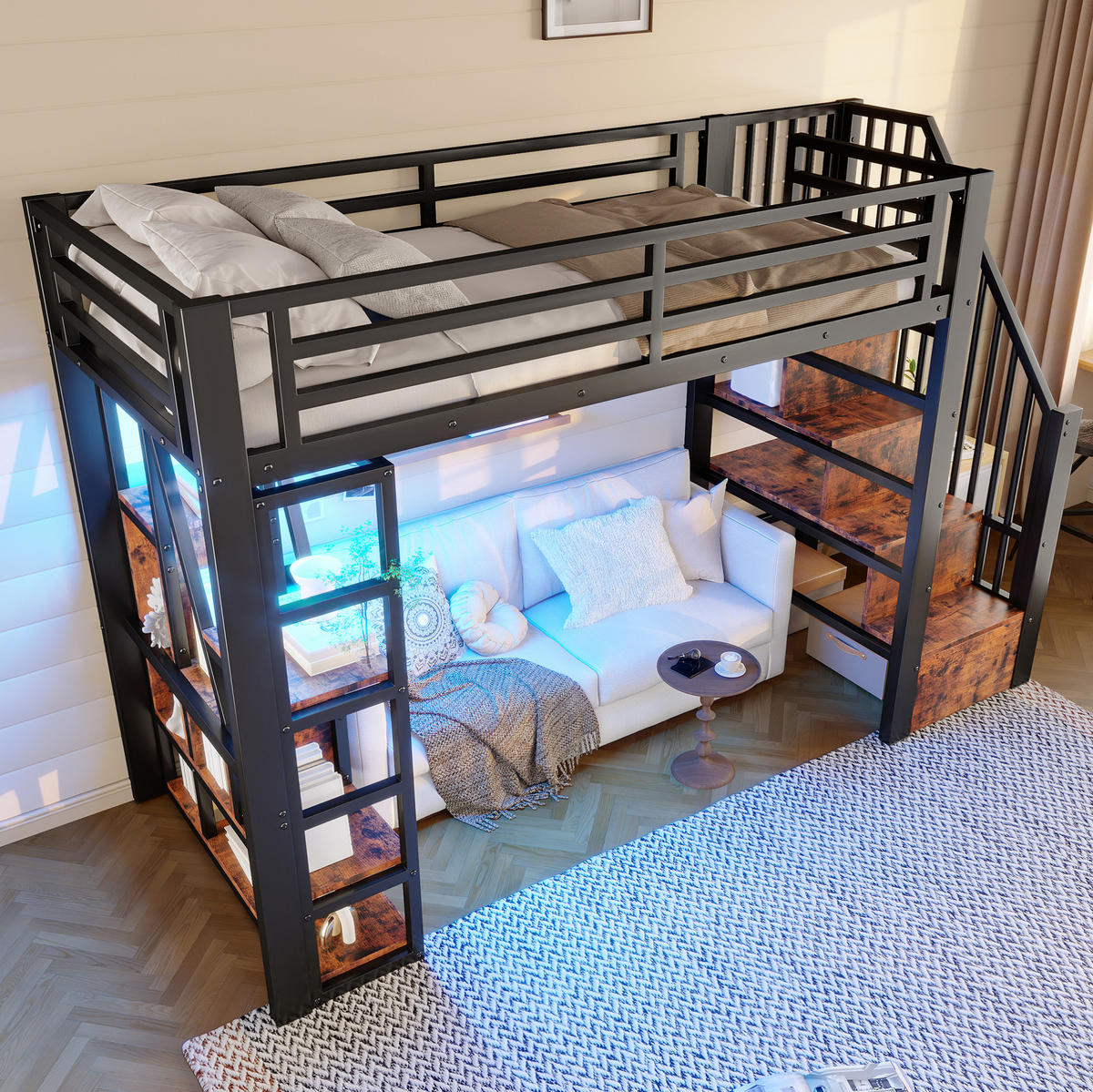 HOCHBETT aus Metall und MDF 90x200 cm in Schwarz mit LED & Stauraum - Schwarz, Metall (90/200cm) - Modfu