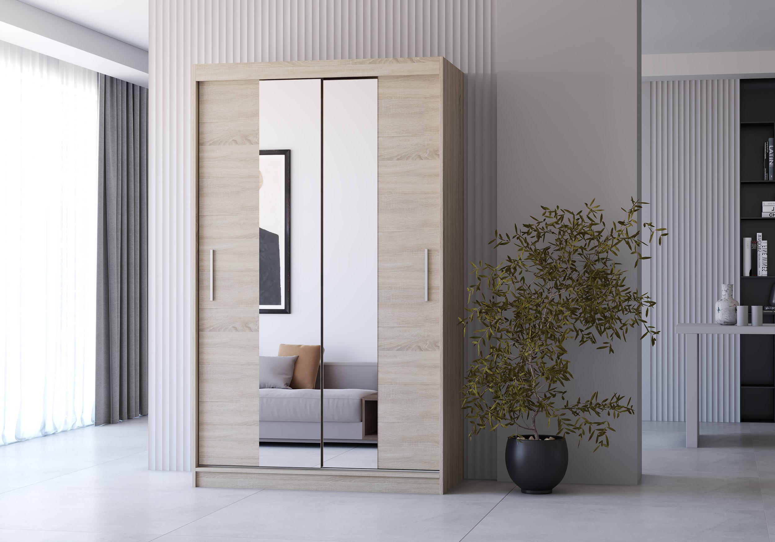 SCHWEBETÜRENSCHRANK Neomi 01 Sonoma Eiche/Sonoma Eiche + Spiegel 120 cm - Alufarben/Sonoma Eiche, Glas/Holzwerkstoff (120/200/61cm) - imoebel24
