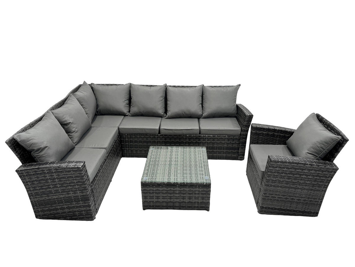 GARTENMÖBELSET linke Ecke Polyrattan Dunkelgrau 7-Sitzer - Dunkelgrau/Grau, Glas/Kunststoff - Fimous