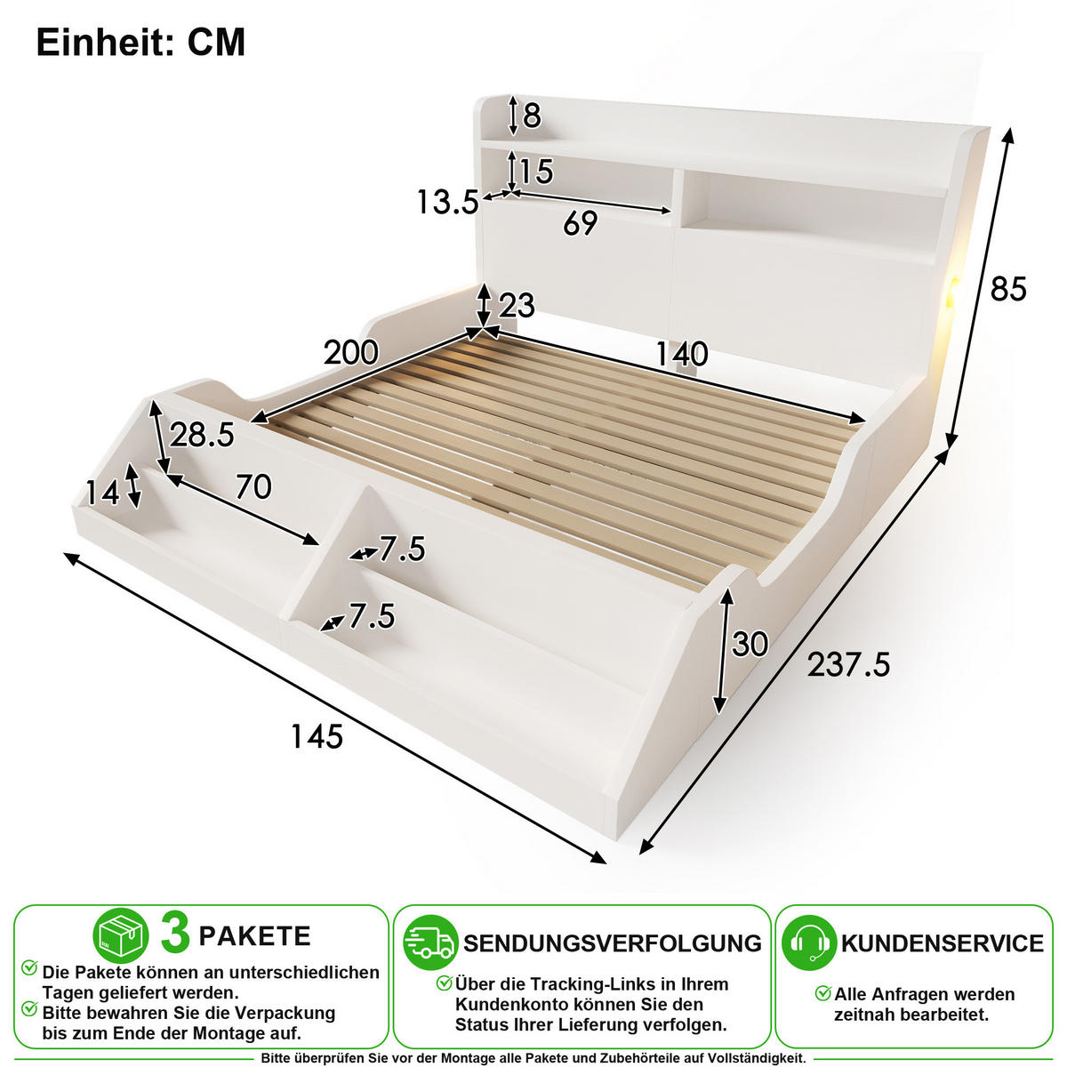 JUGENDBETT 140/200 cm in Weiß mit Ablagen, Bücherregal und Nachtlicht - Weiß, Holz/Holzwerkstoff (140/200cm) - CHICFURN