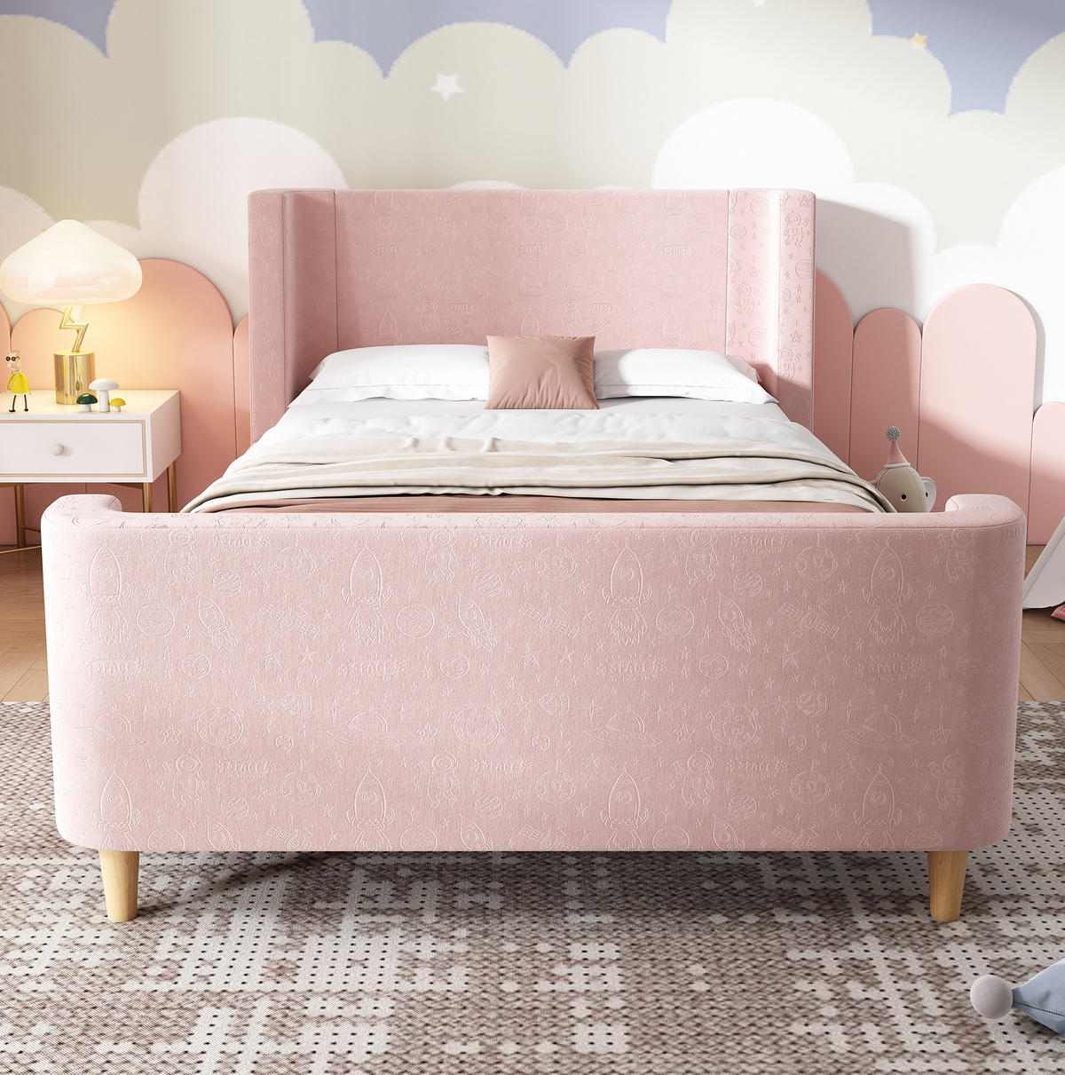 OTROŠKA postelja 90/200 cm roza iz žameta z vesoljskim vzorcem in oblazinjenim vzglavjem - pink, tekstil (90/200cm) - OKWISH
